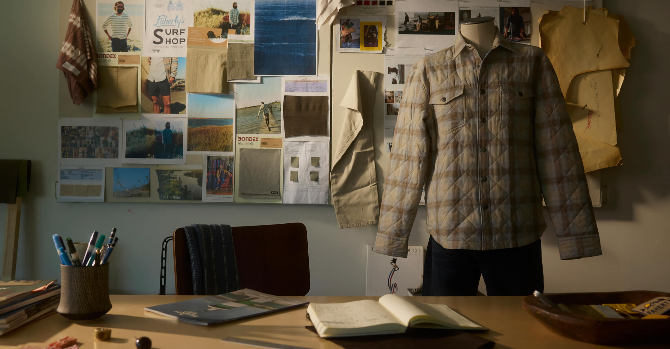 The Northwoods Shirt Jacket on a fitting mannequin in a fashion design studio