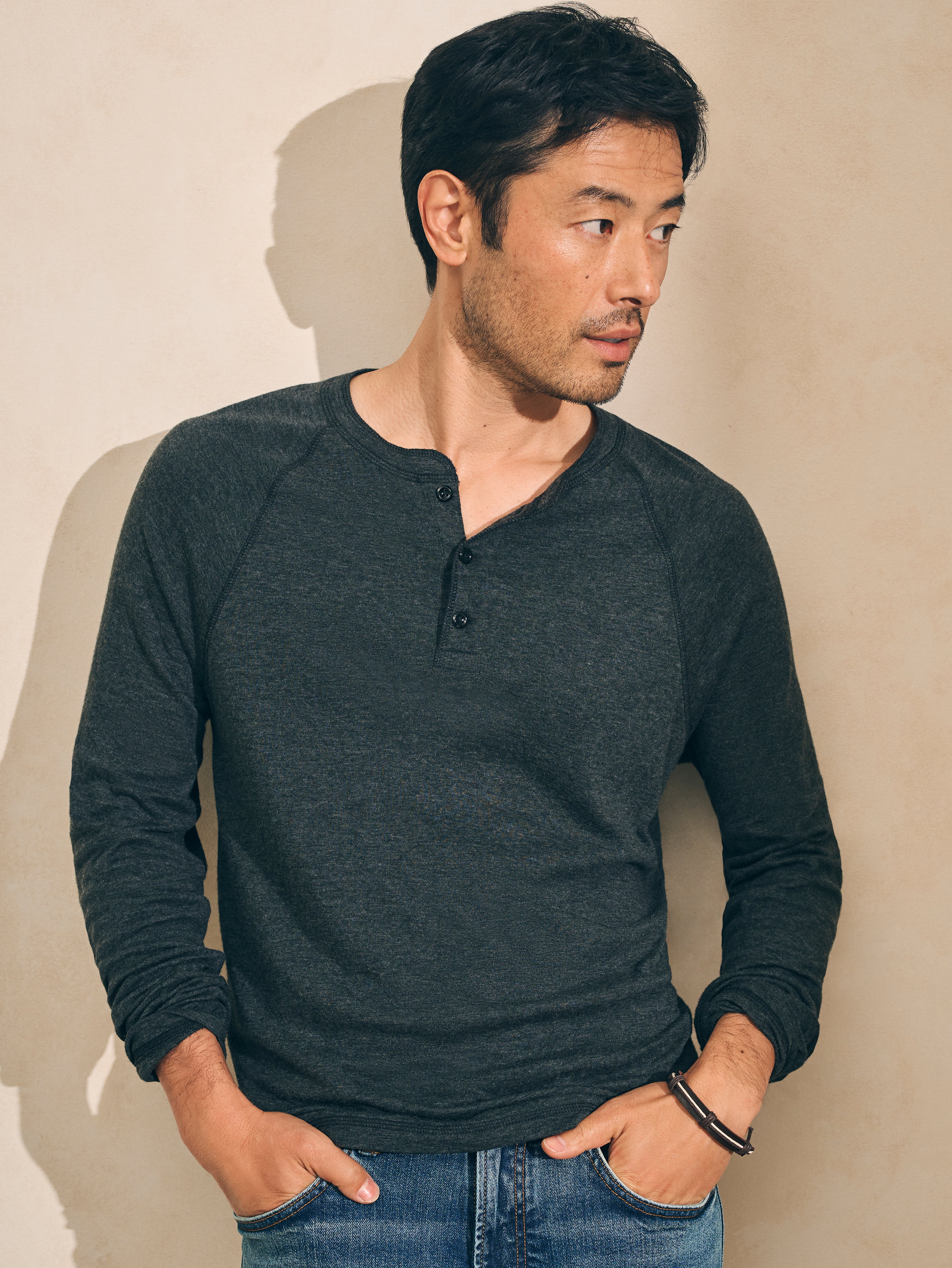 Cloud Cotton Long-Sleeve Henley - Charcoal Heather | Faherty Brand