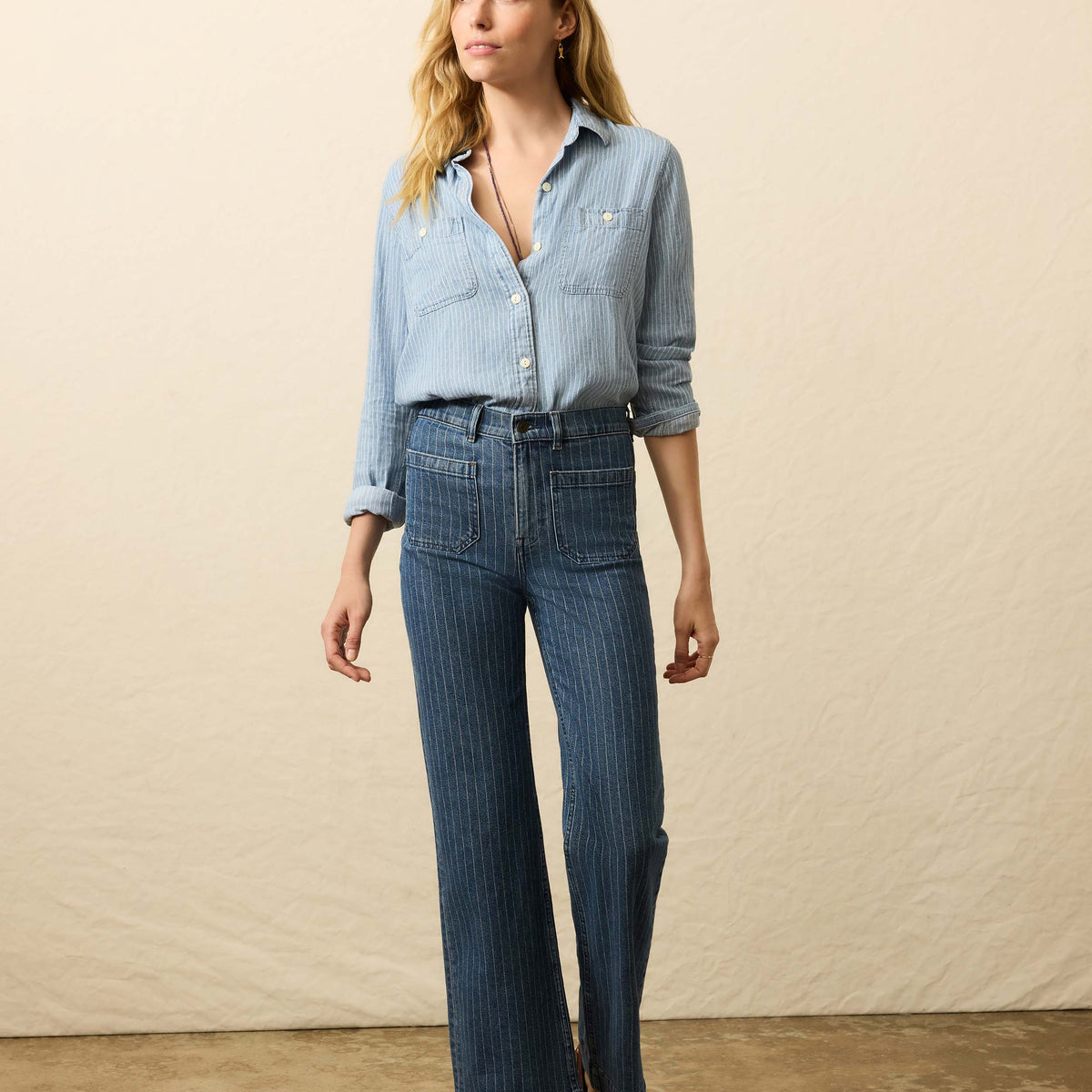 jeans with cigarette patch in pocket Faherty Women's Sunwashed Denim Patch Pocket Pants