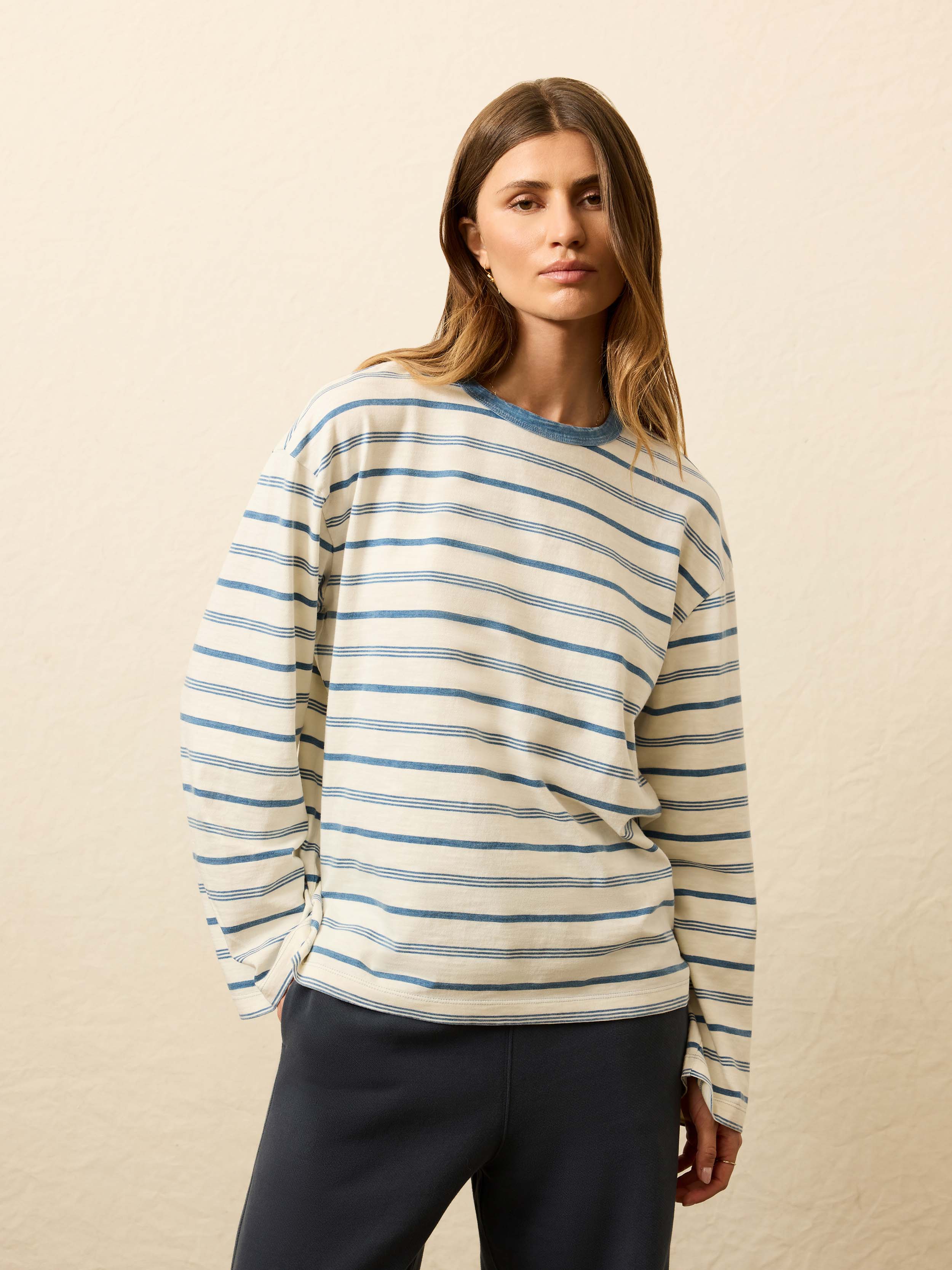Sunwashed Long-Sleeve Retro Tee - Indigo Tidelines