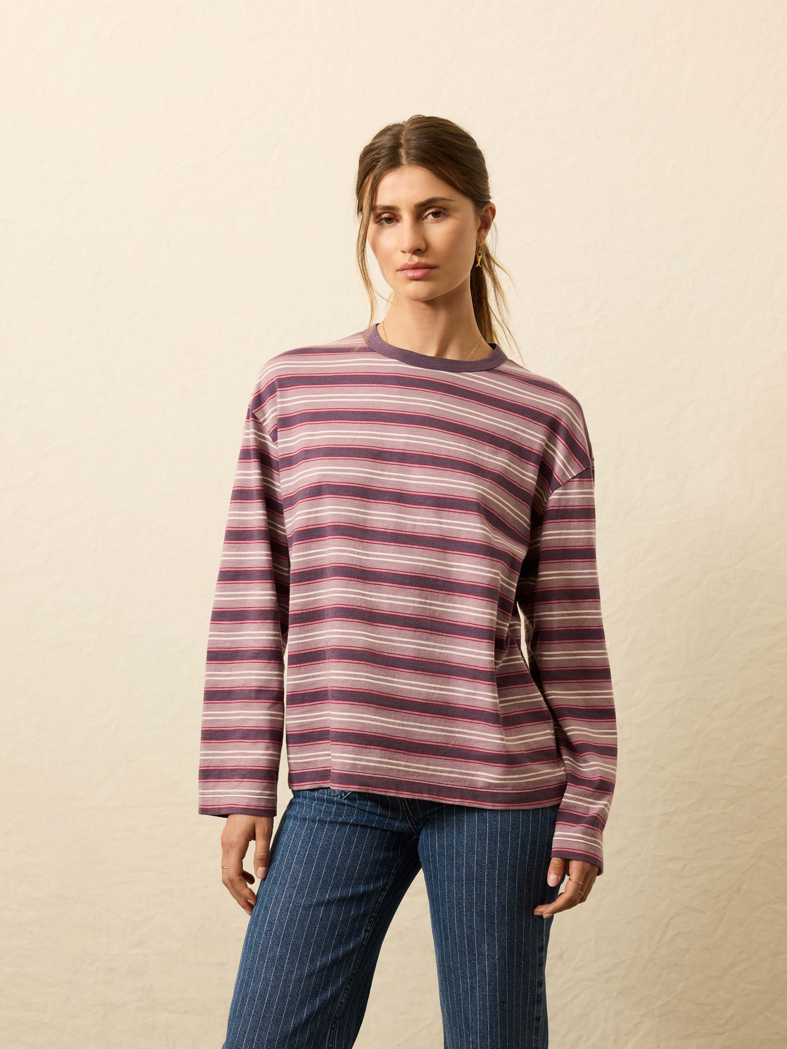 Sunwashed Long-Sleeve Retro Tee - Plum Berry Stripe