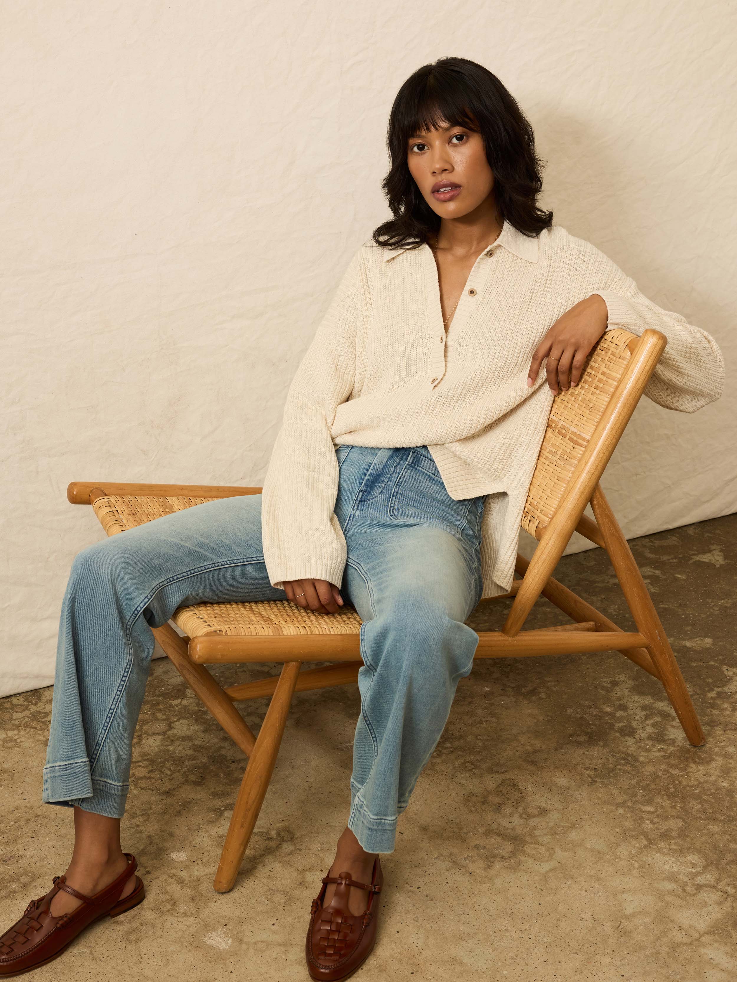 Miramar Linen Relaxed Polo Sweater - Summer Sand