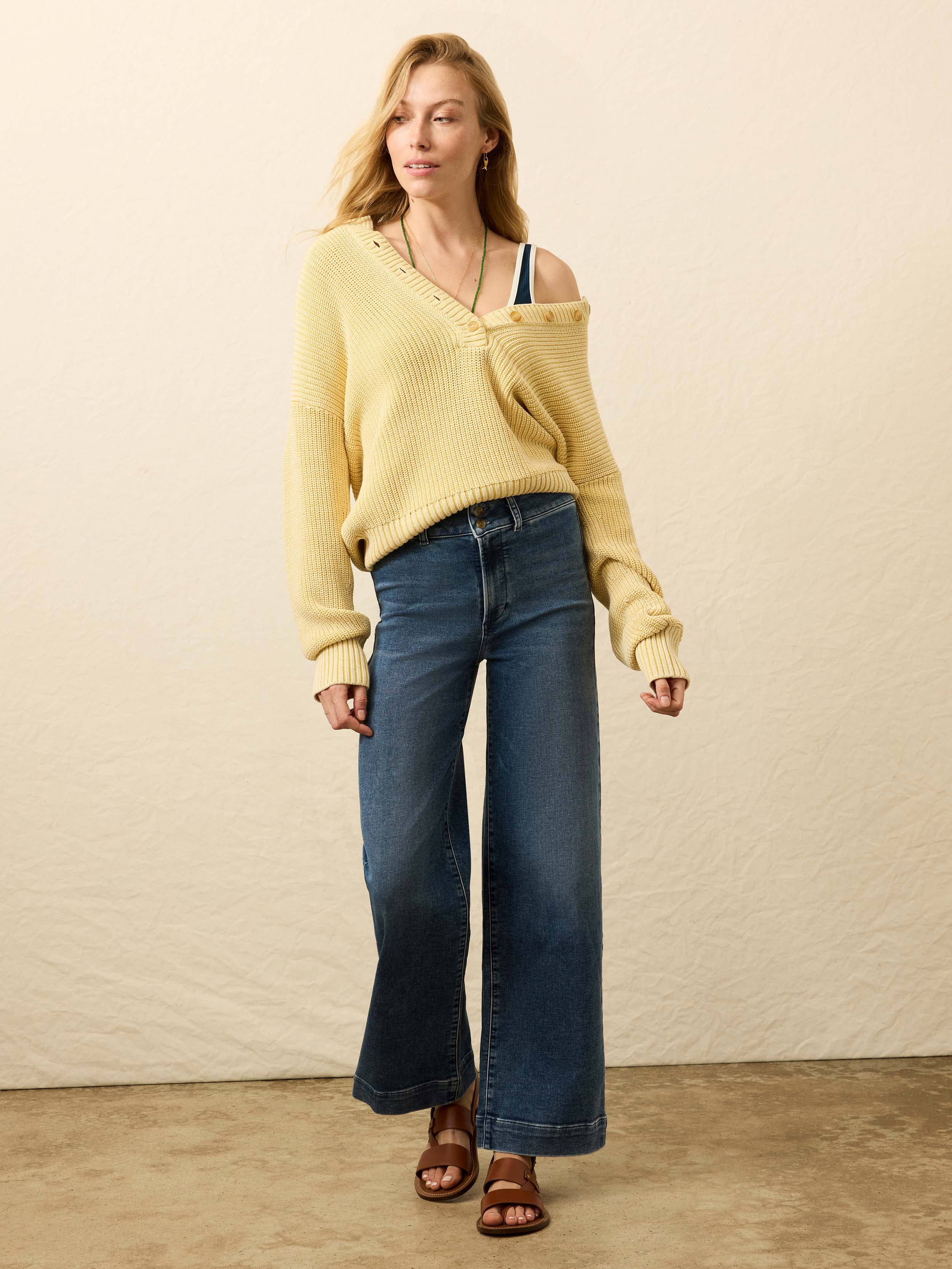 Sunwashed Cotton Fisherman Henley - Lemon Sorbet
