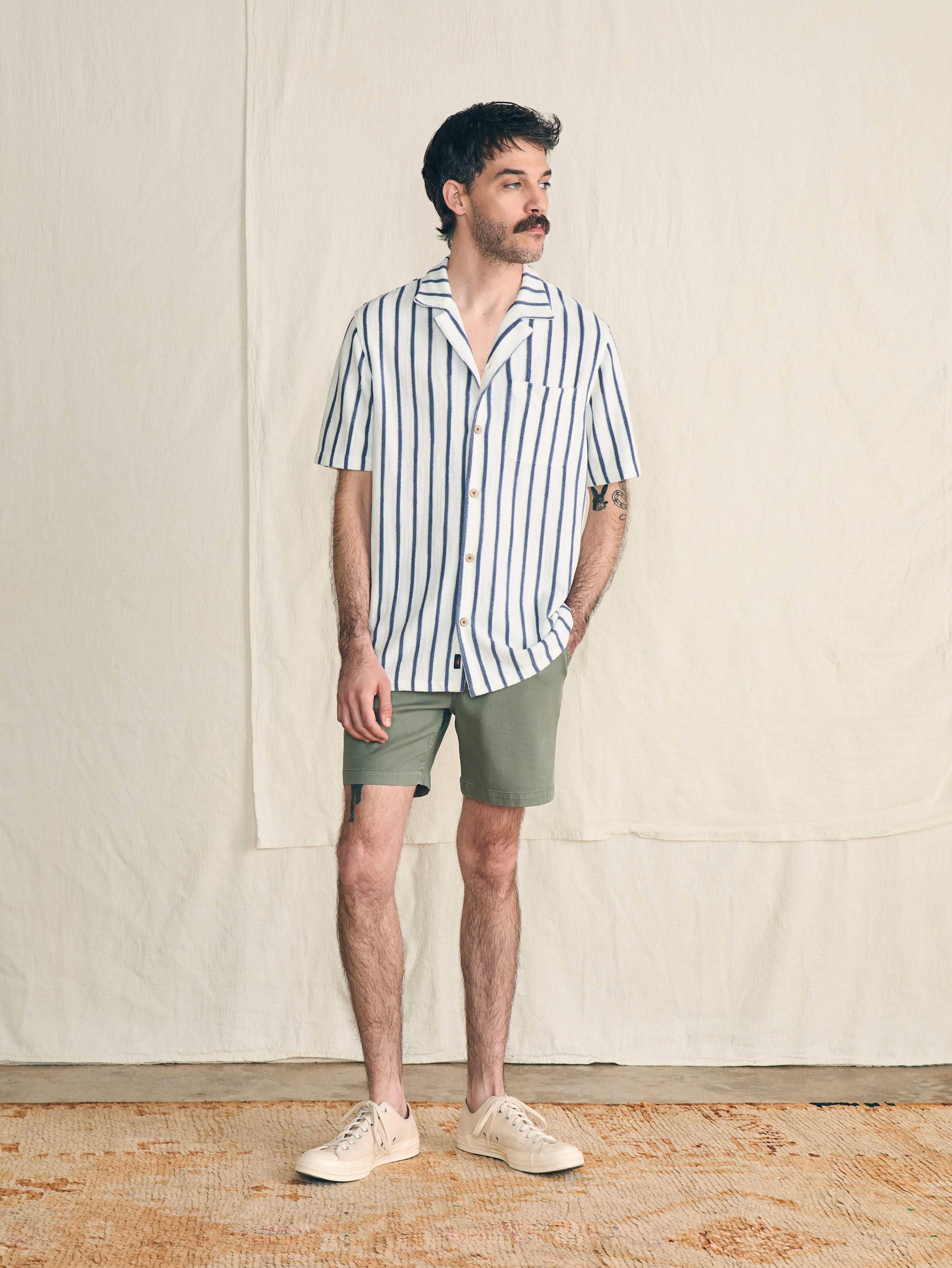 Short-Sleeve Cabana Towel Terry Shirt - Ivory Storm Stripe