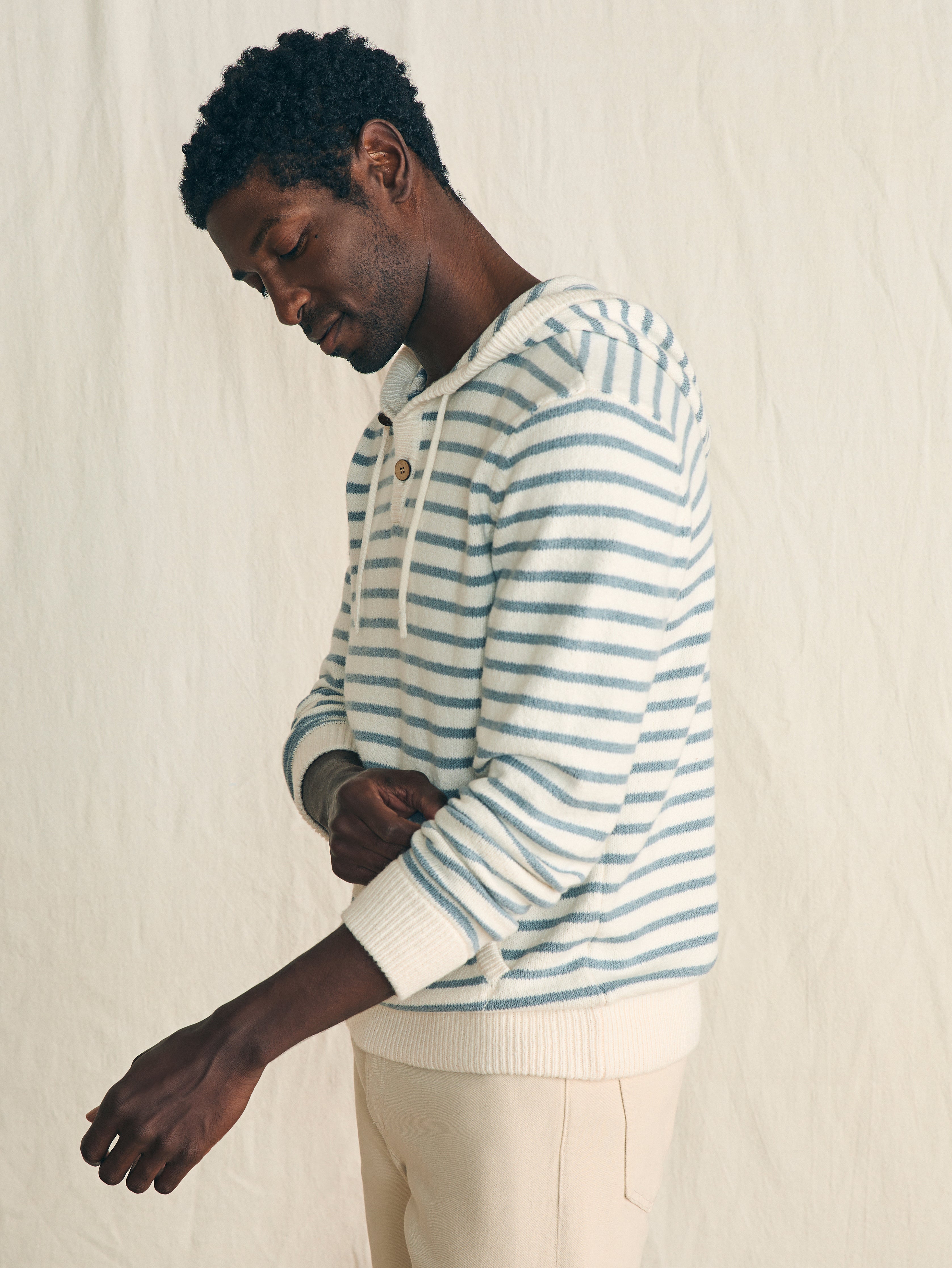 Cove Sweater Hoodie - Ivory Chambray Stripe