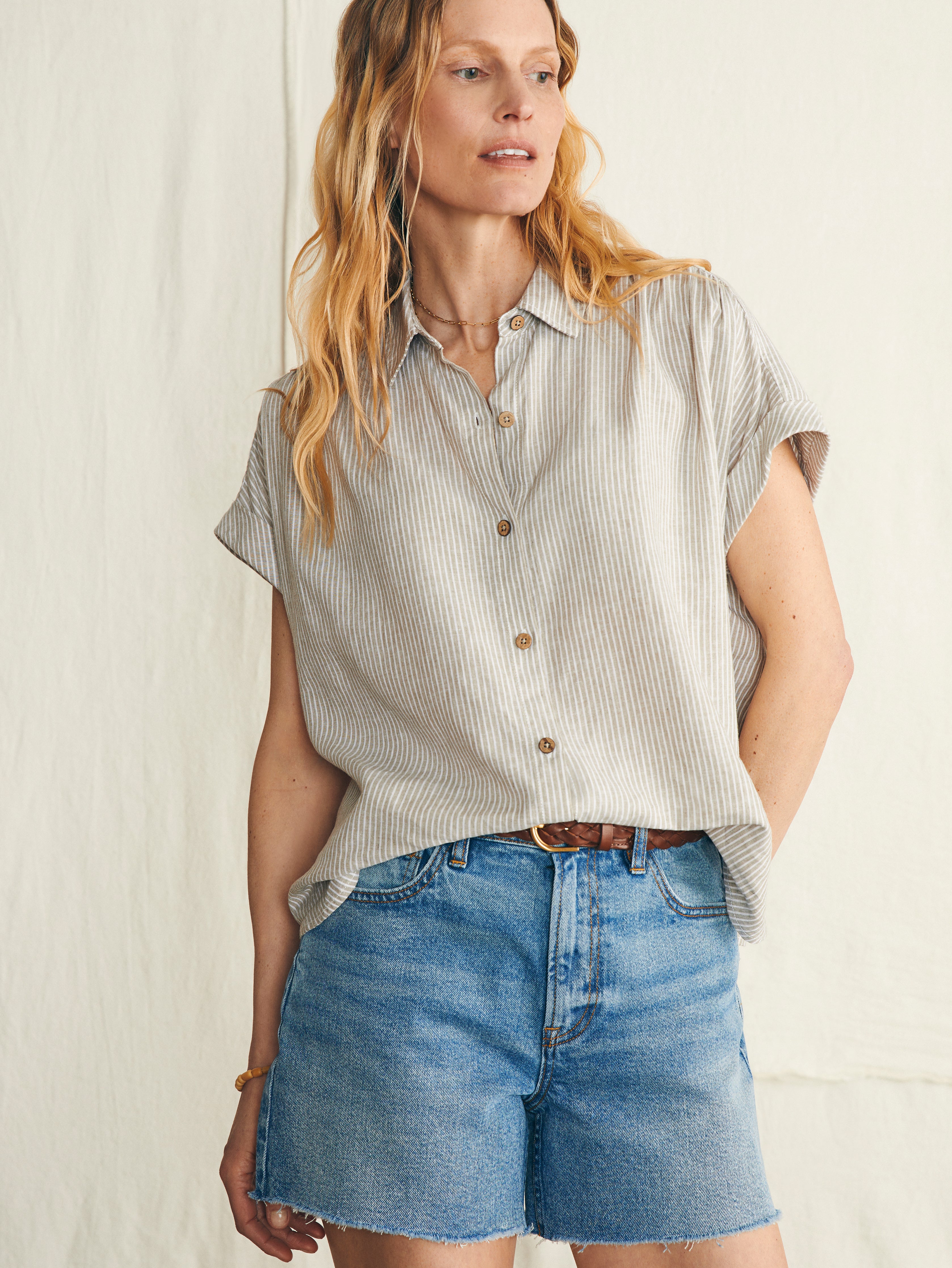 Breeze Shirt - Tan Petite Stripe