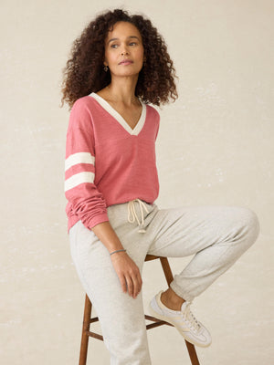 Organic Cotton Sunwashed Slub Varsity V-Neck - Baroque Rose