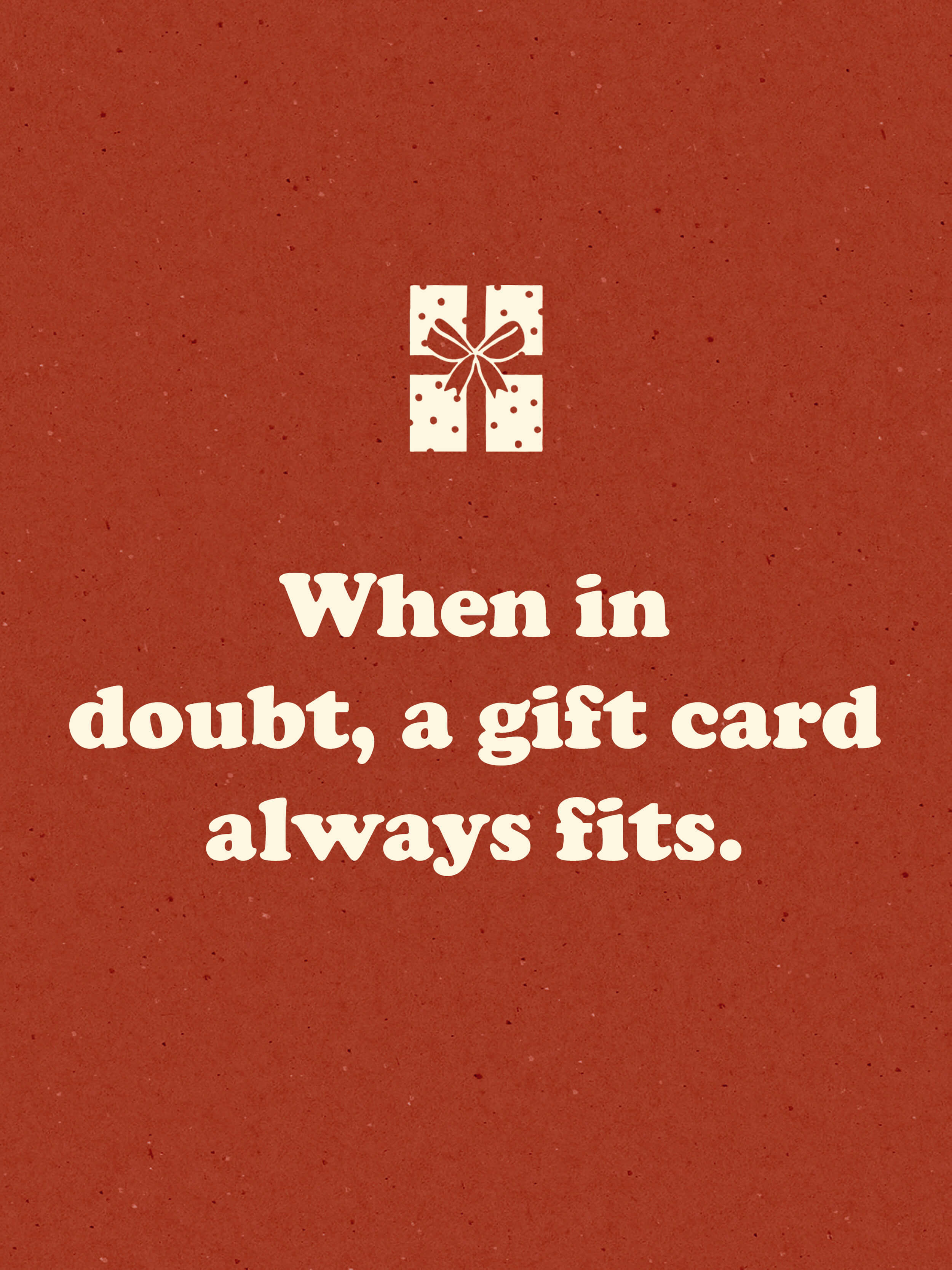 Red background with white text and a gift card icon, featuring a humorous quote.