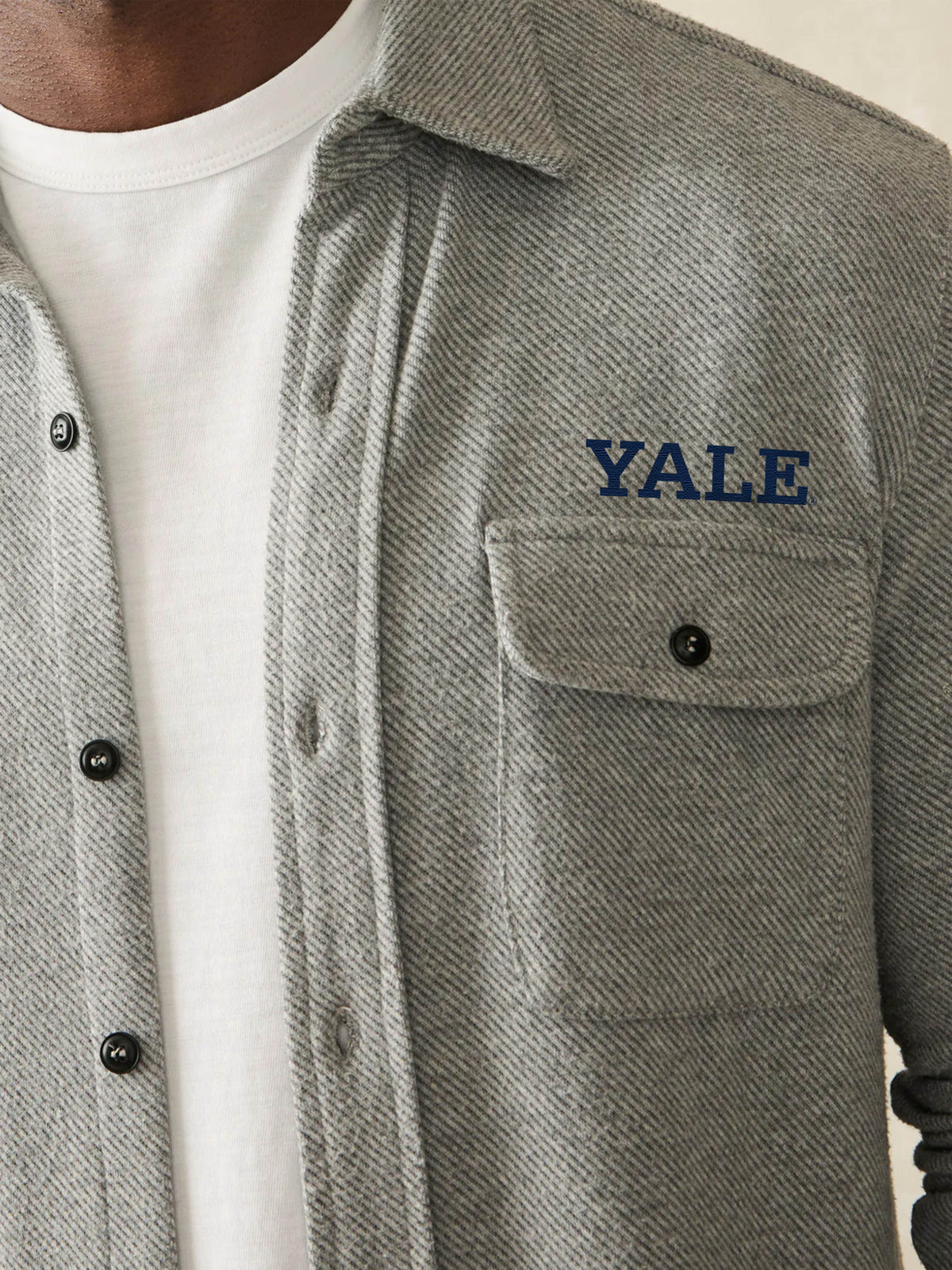 Gray flannel shirt with 'YALE' embroidery on a white background, image 1 of 2