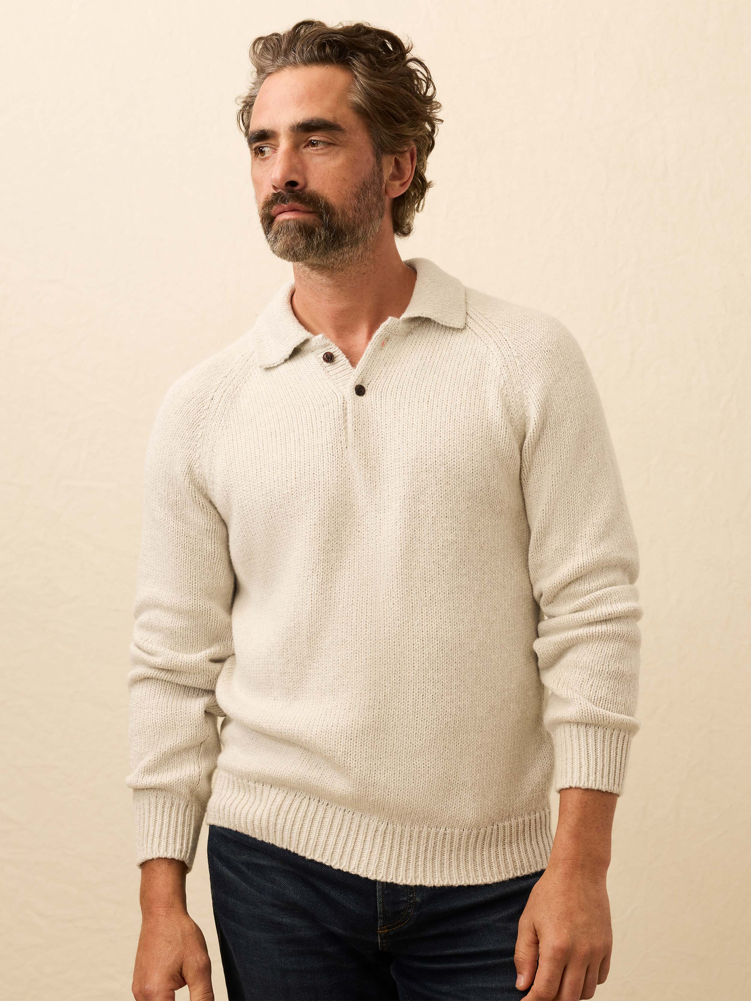  | Heirloom Long-Sleeve Sweater Polo - Heather Grey | Faherty Brand