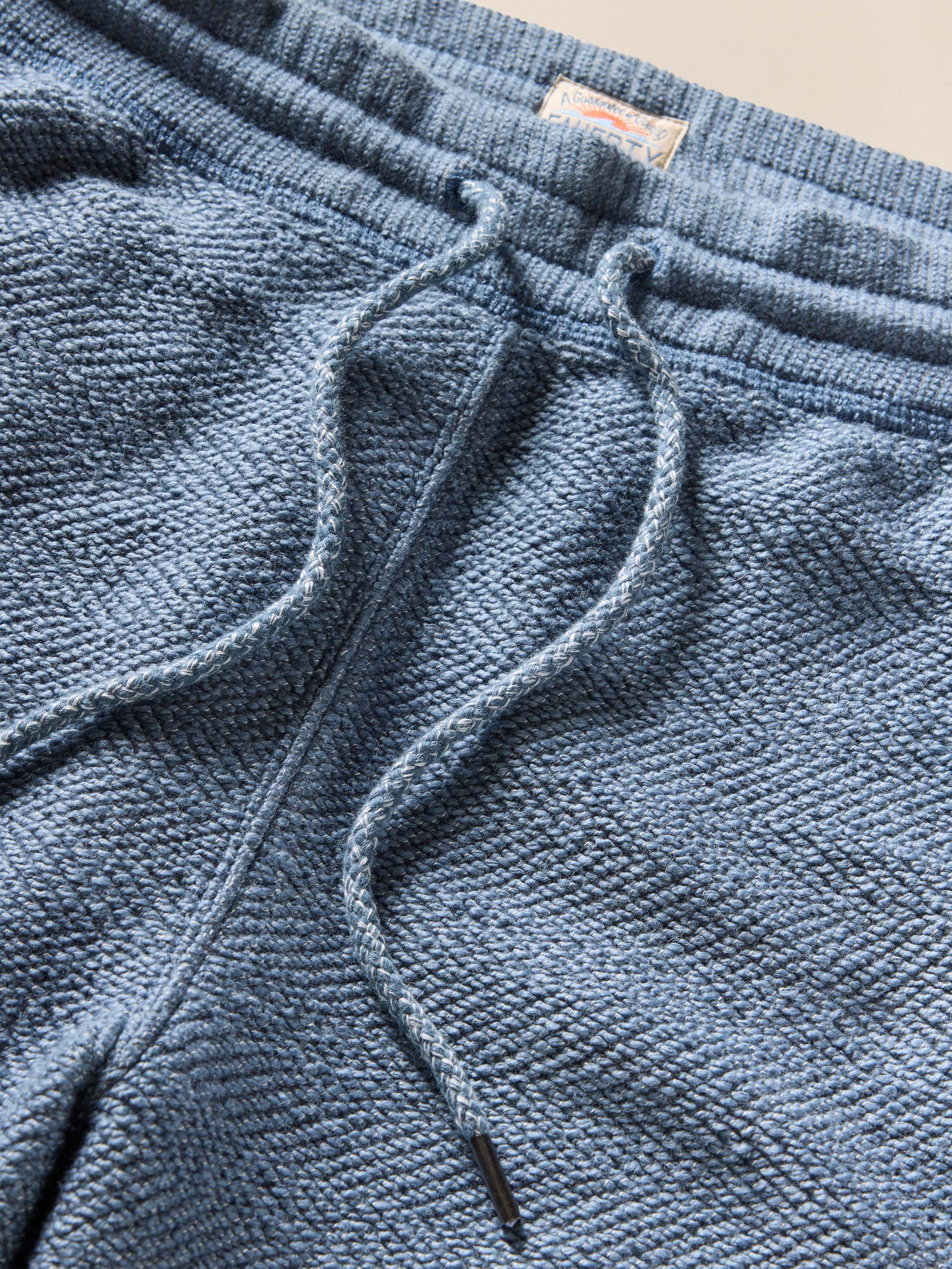 Closeup of blue shorts with a drawstring