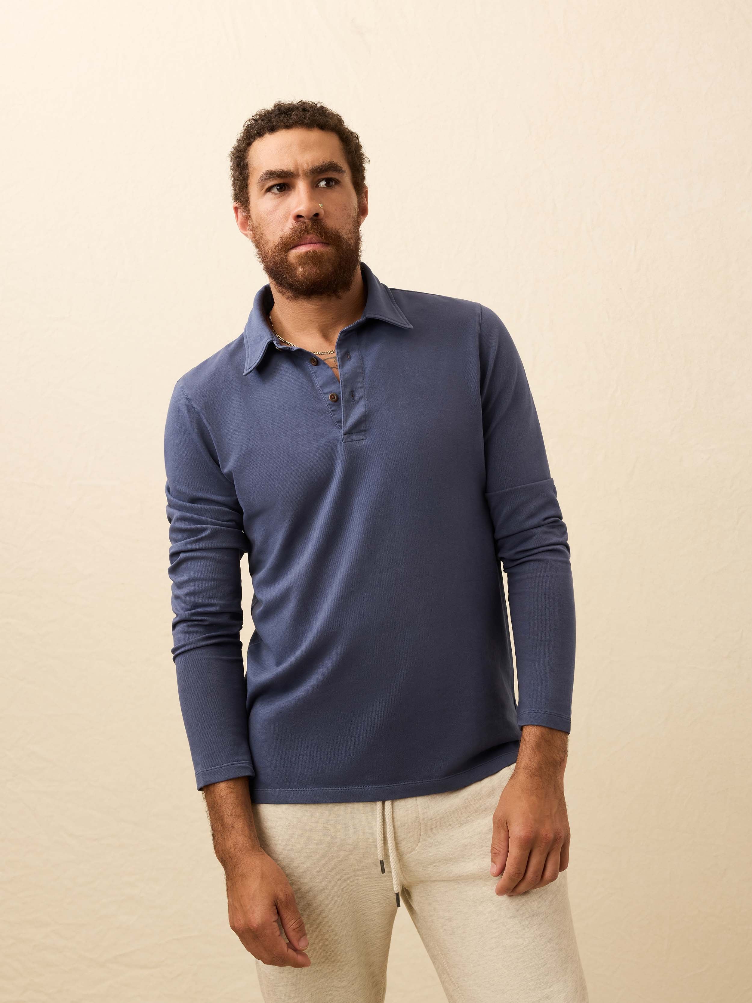 Long-Sleeve Field Knit Polo - Blue Nights