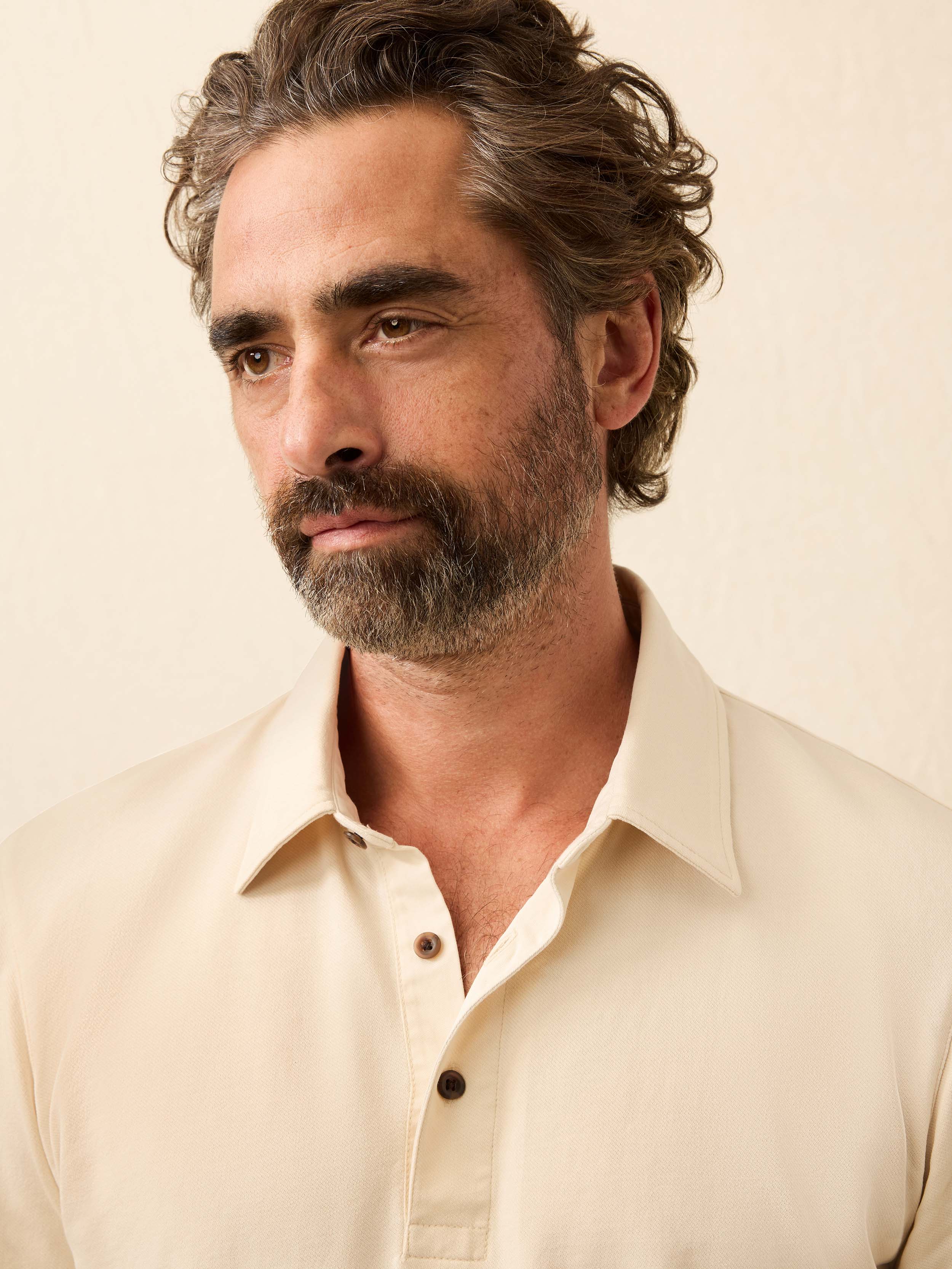  | Long-Sleeve Twill Knit Polo - Coastal Cream | Faherty Brand