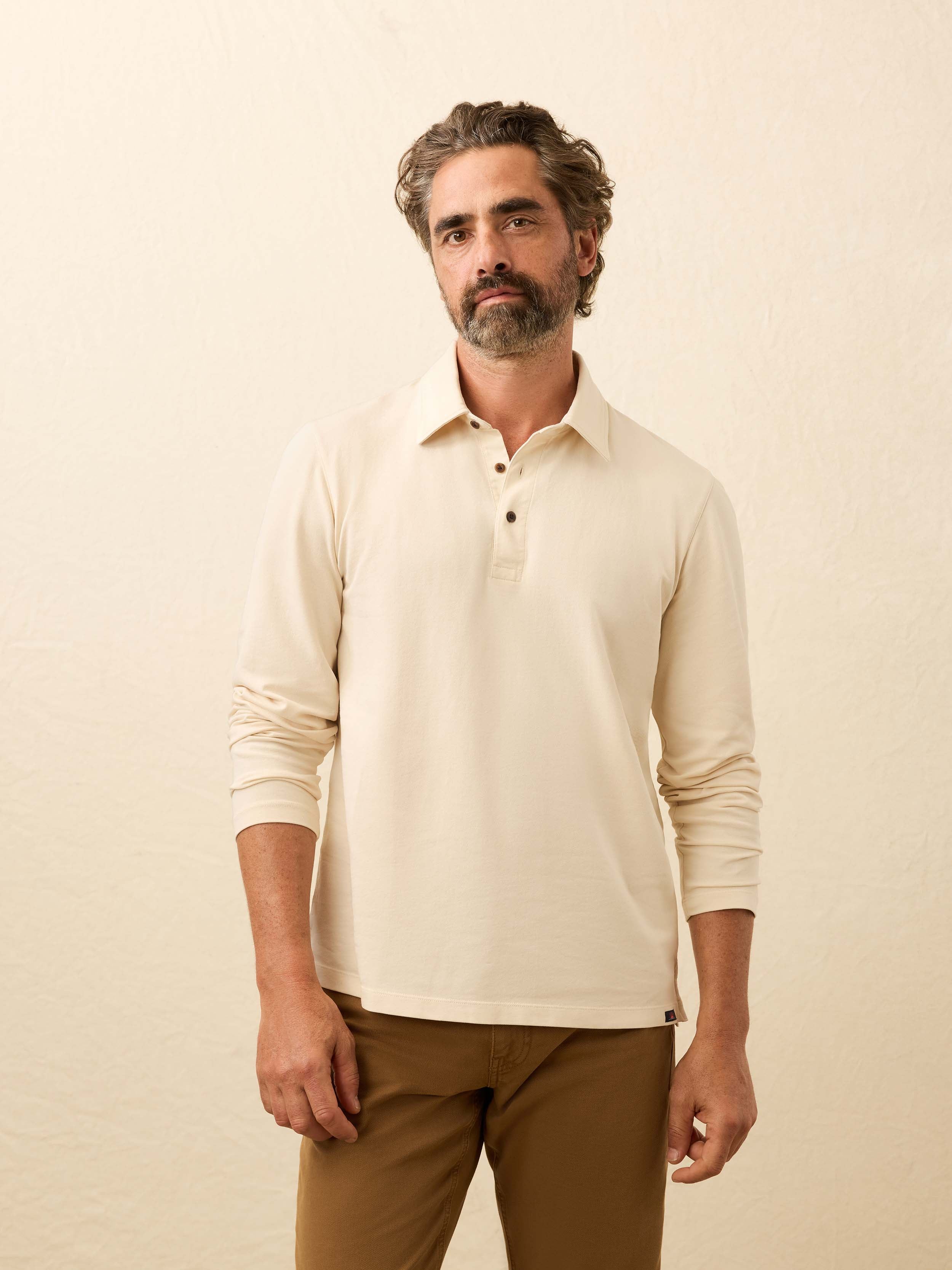 Long-Sleeve Field Knit Polo - Coastal Cream | Faherty Brand