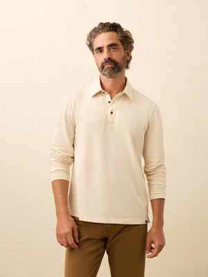Long-Sleeve Twill Knit Polo - Coastal Cream