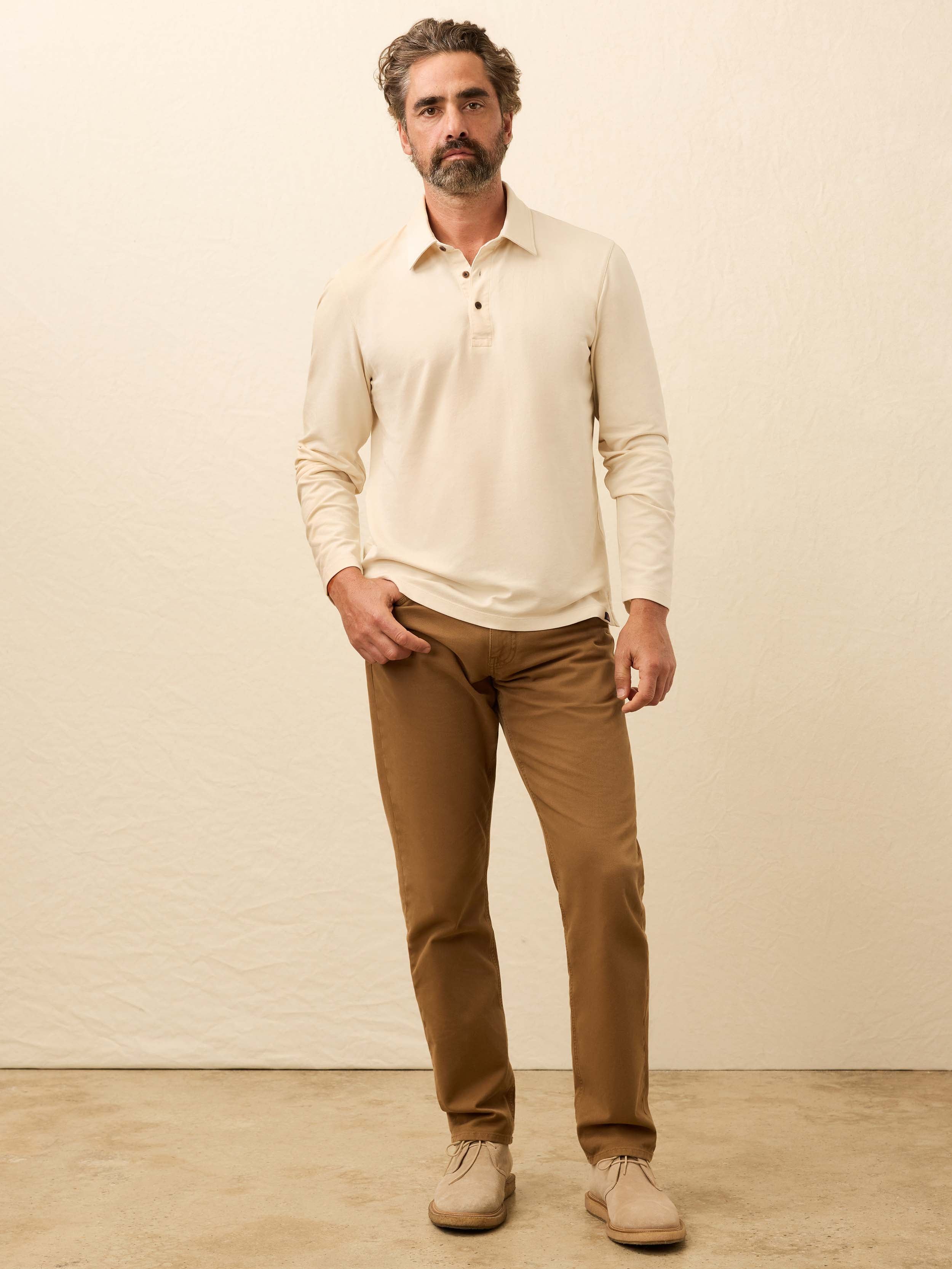  | Long-Sleeve Twill Knit Polo - Coastal Cream | Faherty Brand