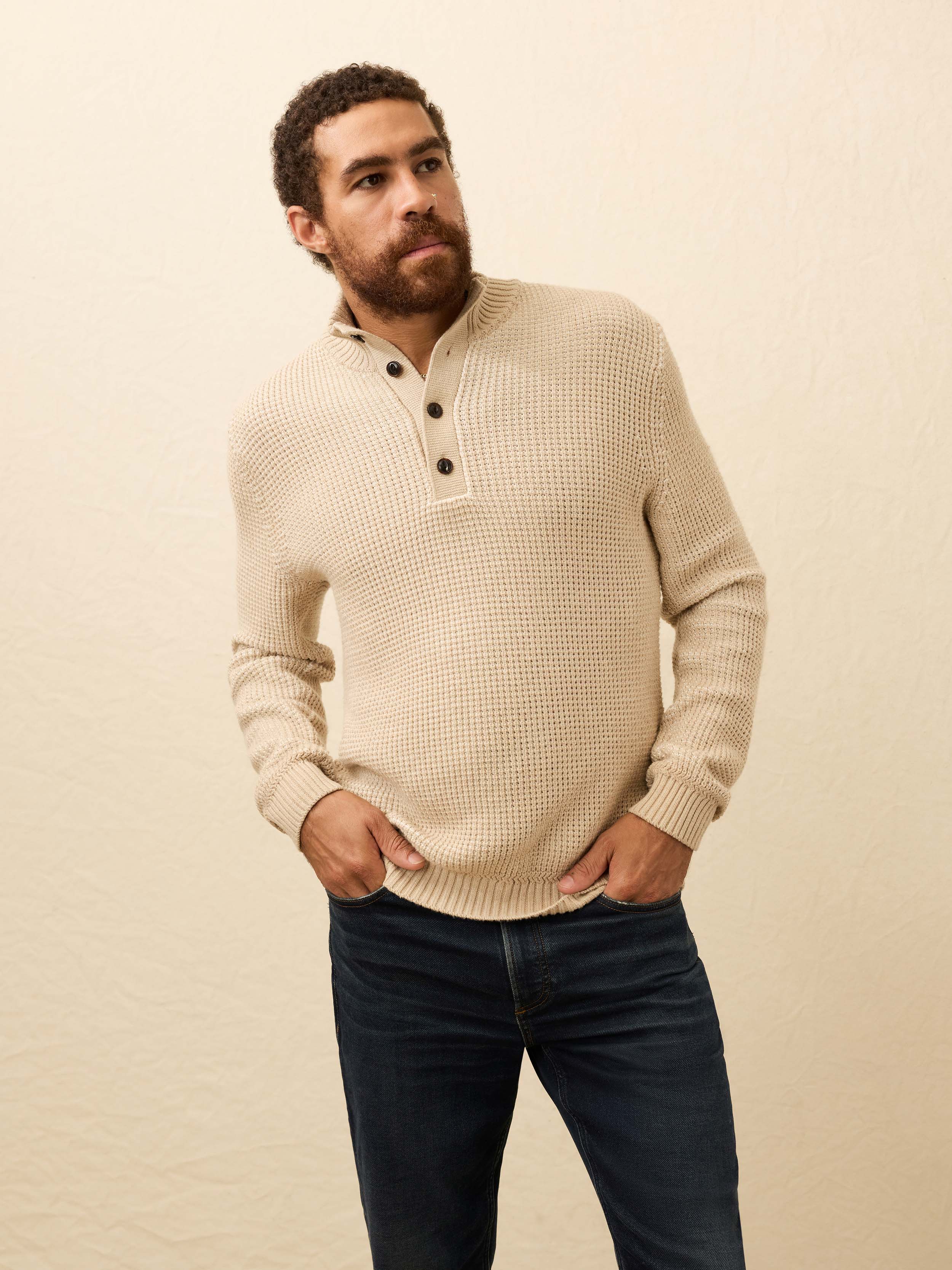 Faherty Men's Quarter Button Sweater, XXL, Alpine Khaki Faherty Men's Quarter Button Sweater, XXL, Alpine Khaki