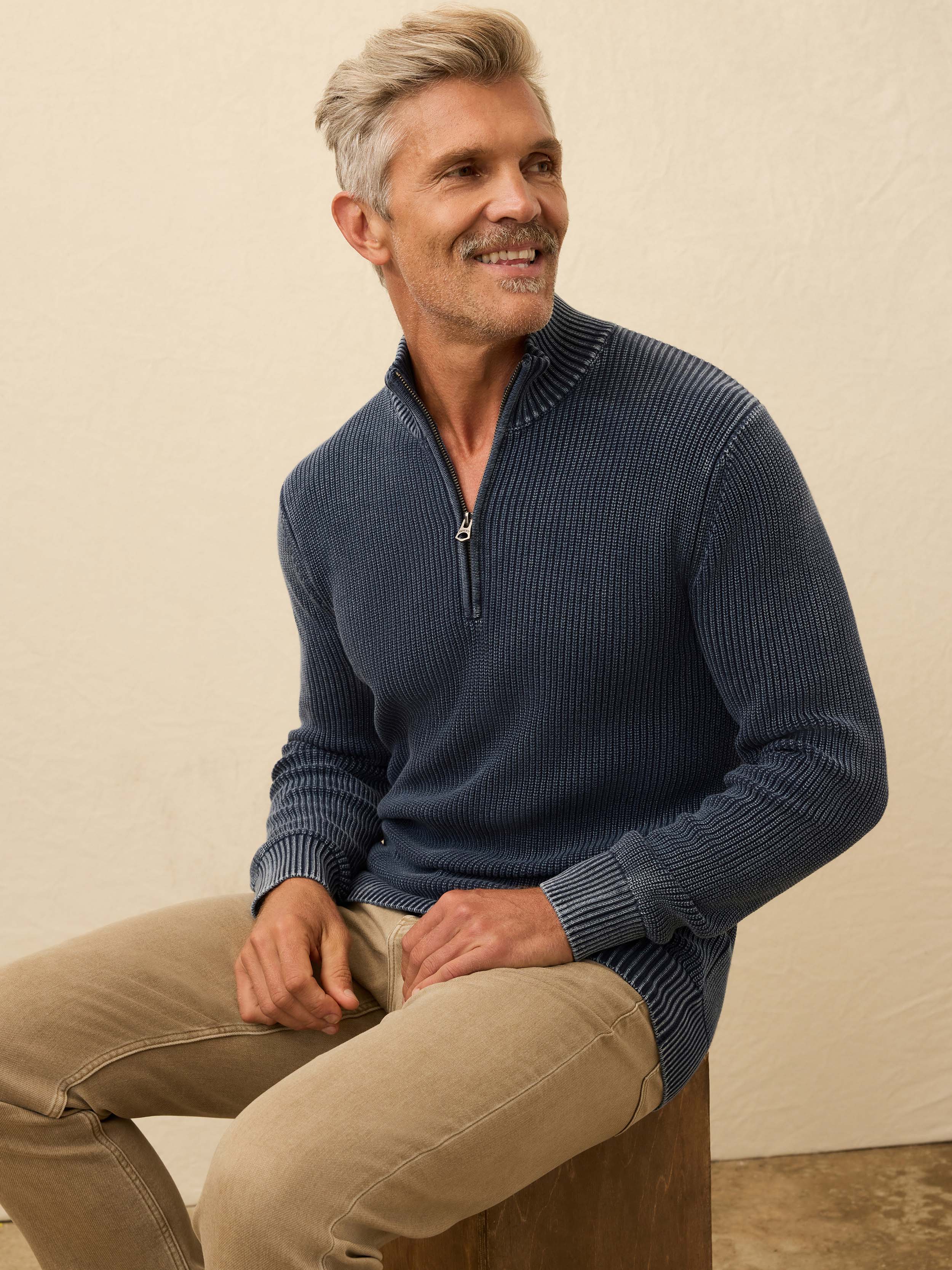 Faherty Men's Sunwashed Quarter Zip Sweater - Blue Nights, Size XS, Cotton Faherty Men's Sunwashed Quarter Zip Sweater - Blue Nights, Size XS, Cotton