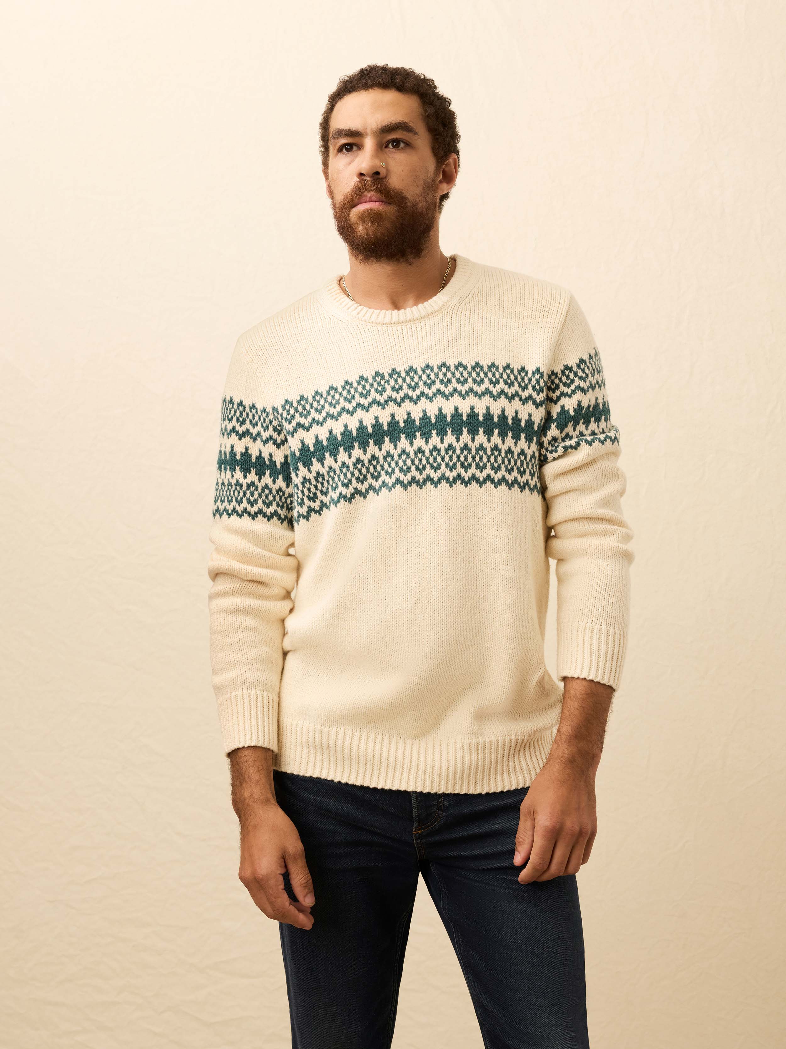 Heirloom Cotton Crewneck Sweater - Cream Forest Fairisle