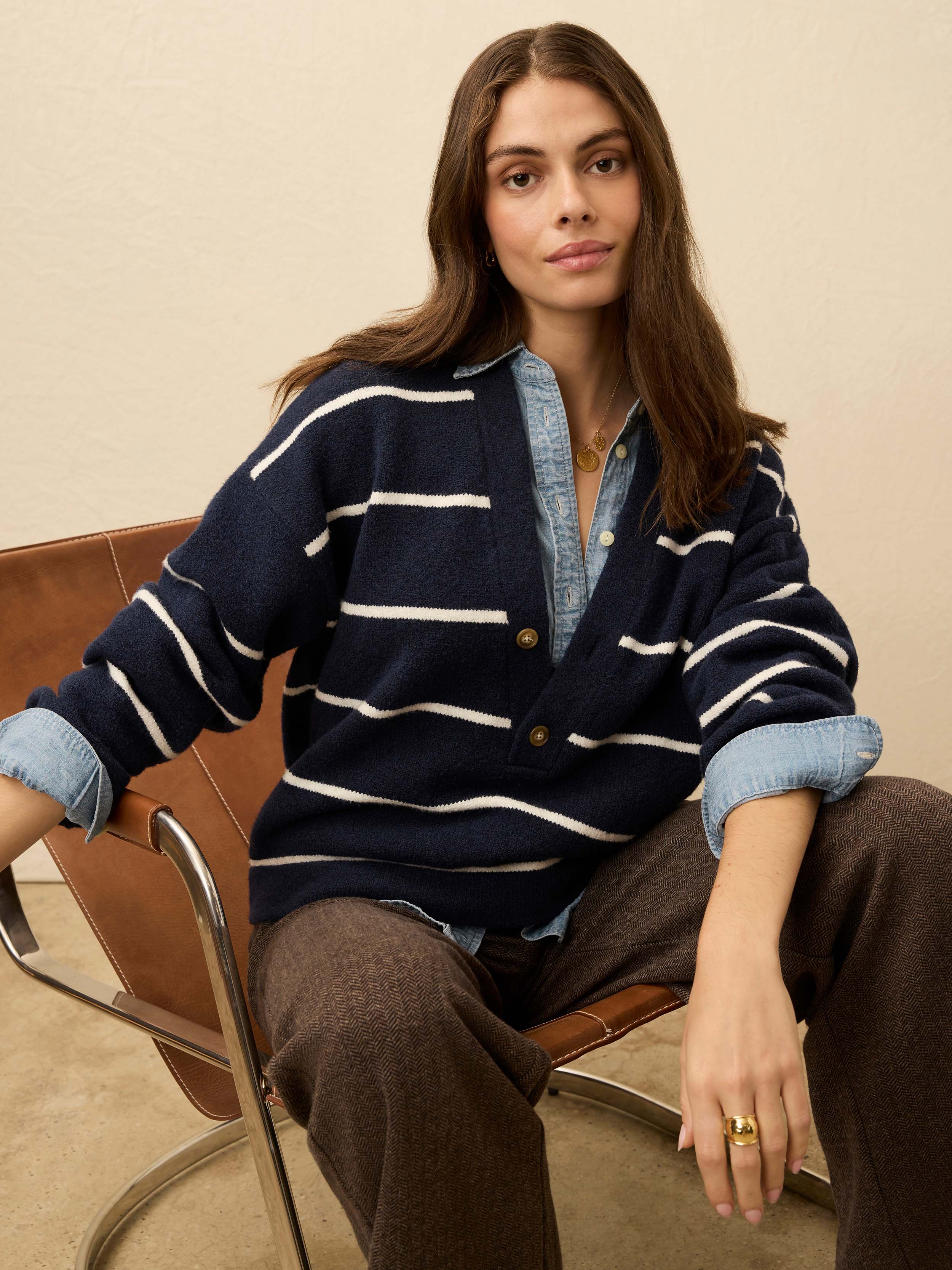 Jackson V Neck Popover - Norman Navy Stripe