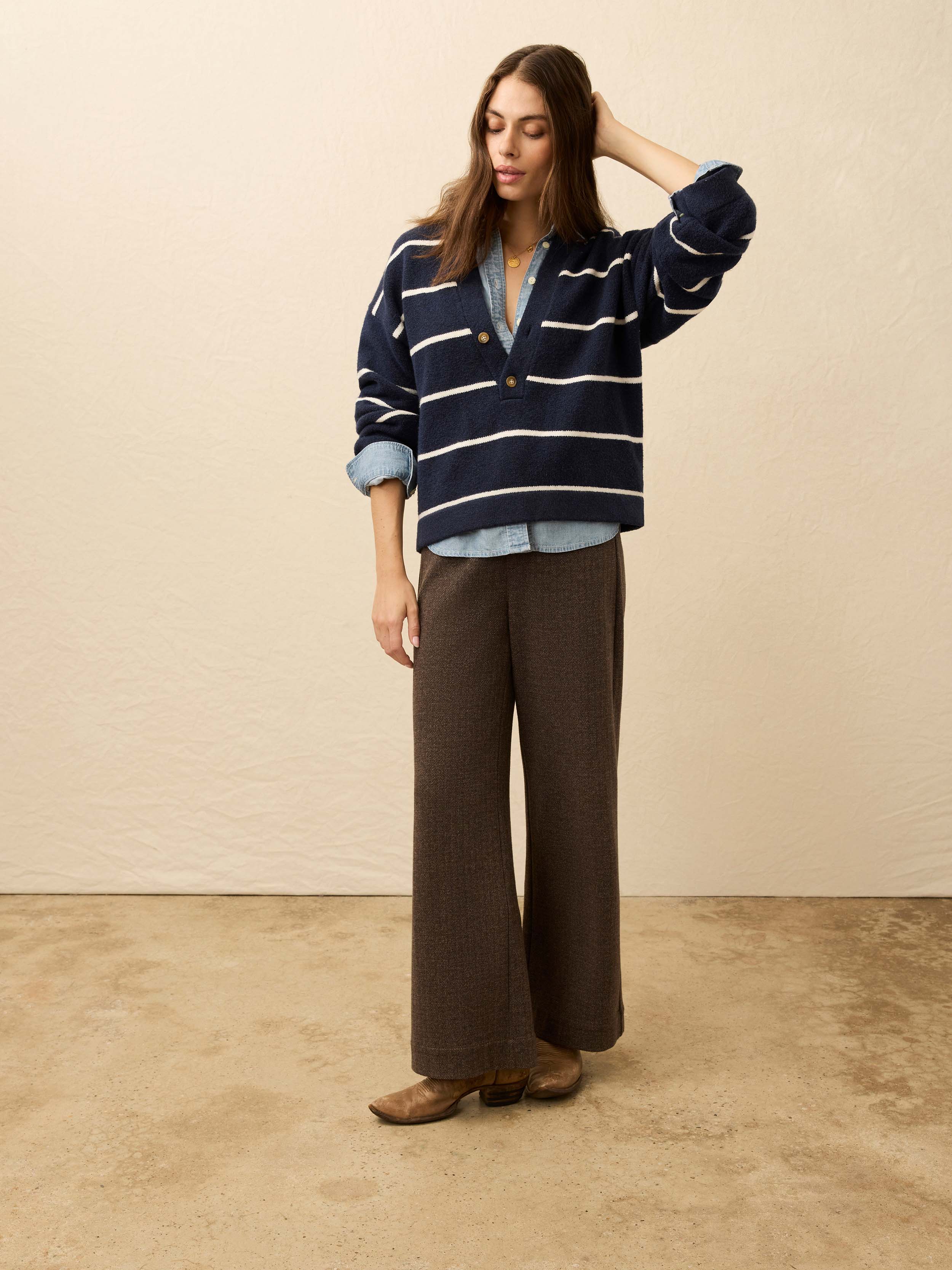 Jackson V Neck Popover - Norman Navy Stripe