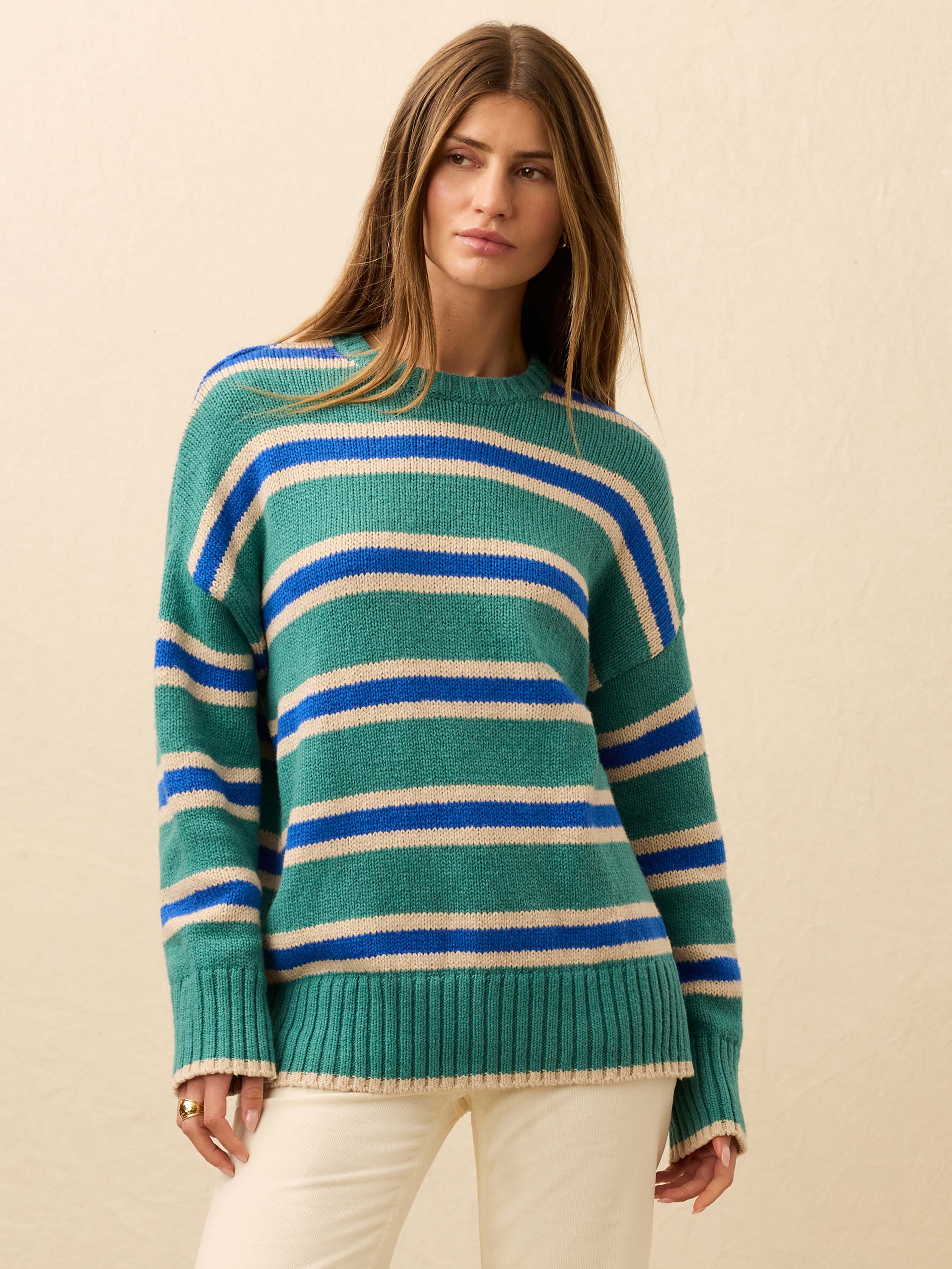 【新品】Oscalito 刺繍レース　ウールシルク　リブニット　ブルーグリーン Heirloom Cotton Summit Pullover - Shoreline Green Stripe | Faherty