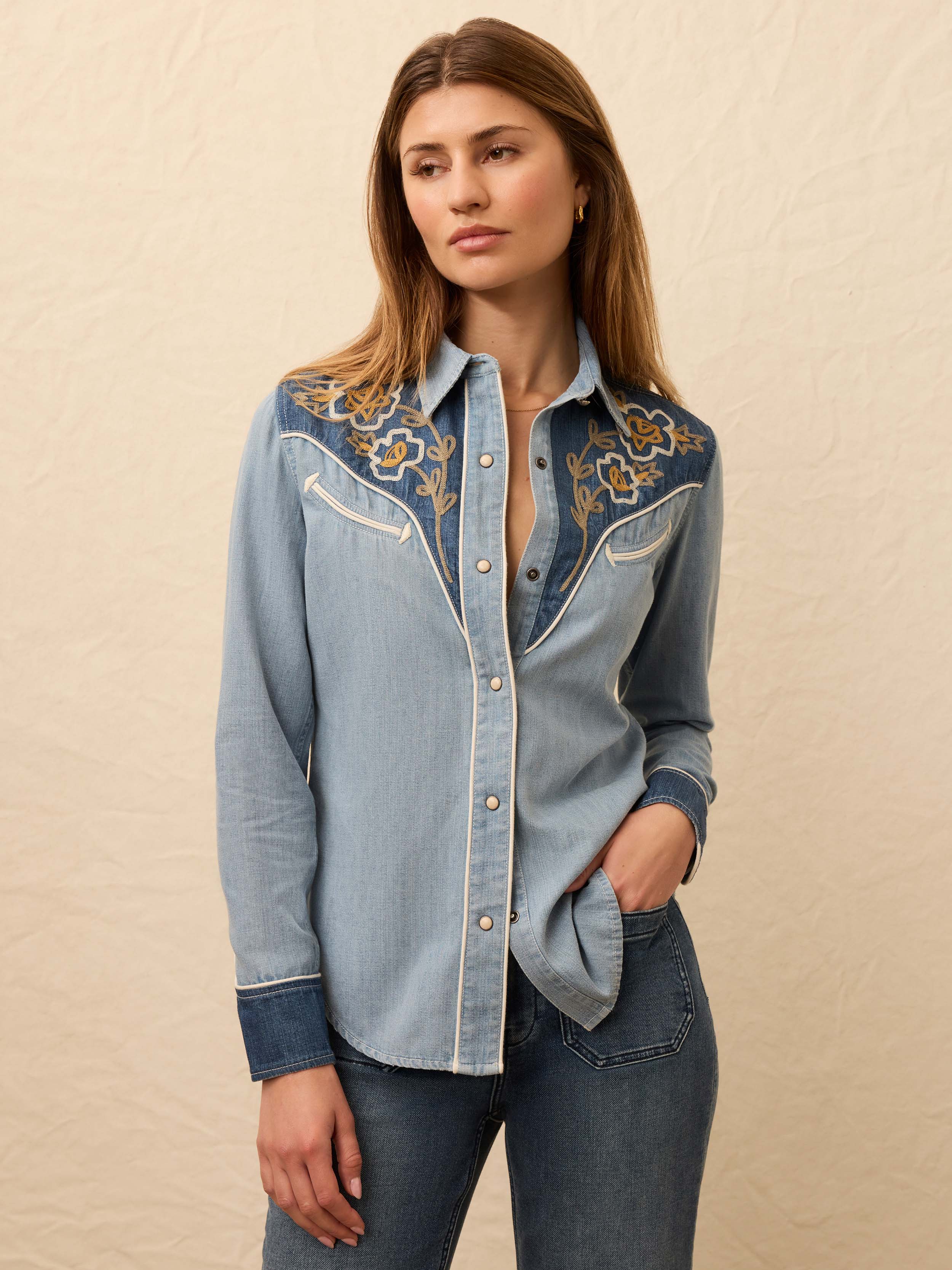 Embroidered Denim Western Shirt - Outpost Blue Wash | Faherty Brand Embroidered Denim Western Shirt - Outpost Blue Wash | Faherty Brand