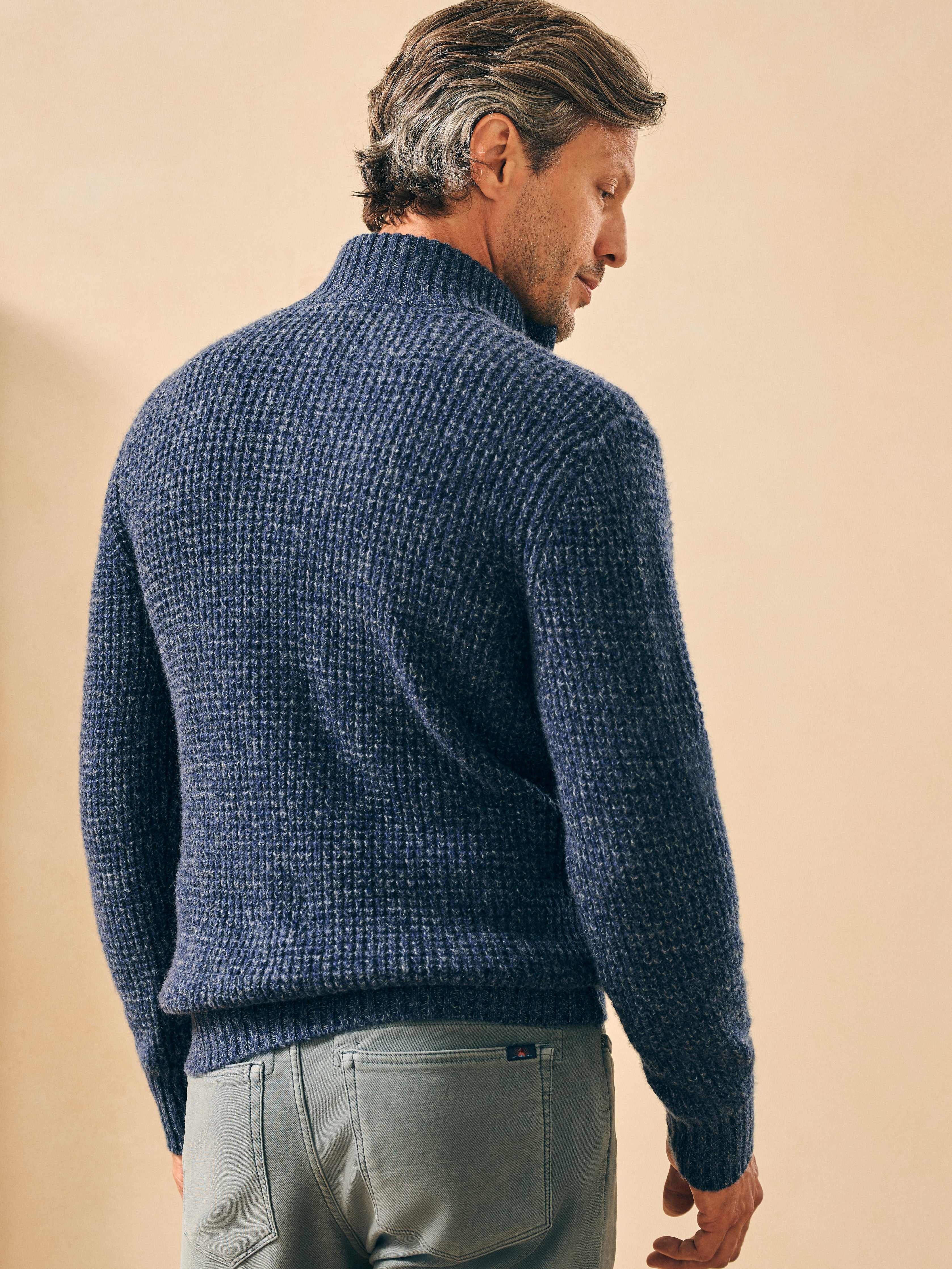 Cashmere Wool Quarter Button Sweater - Denim Melange