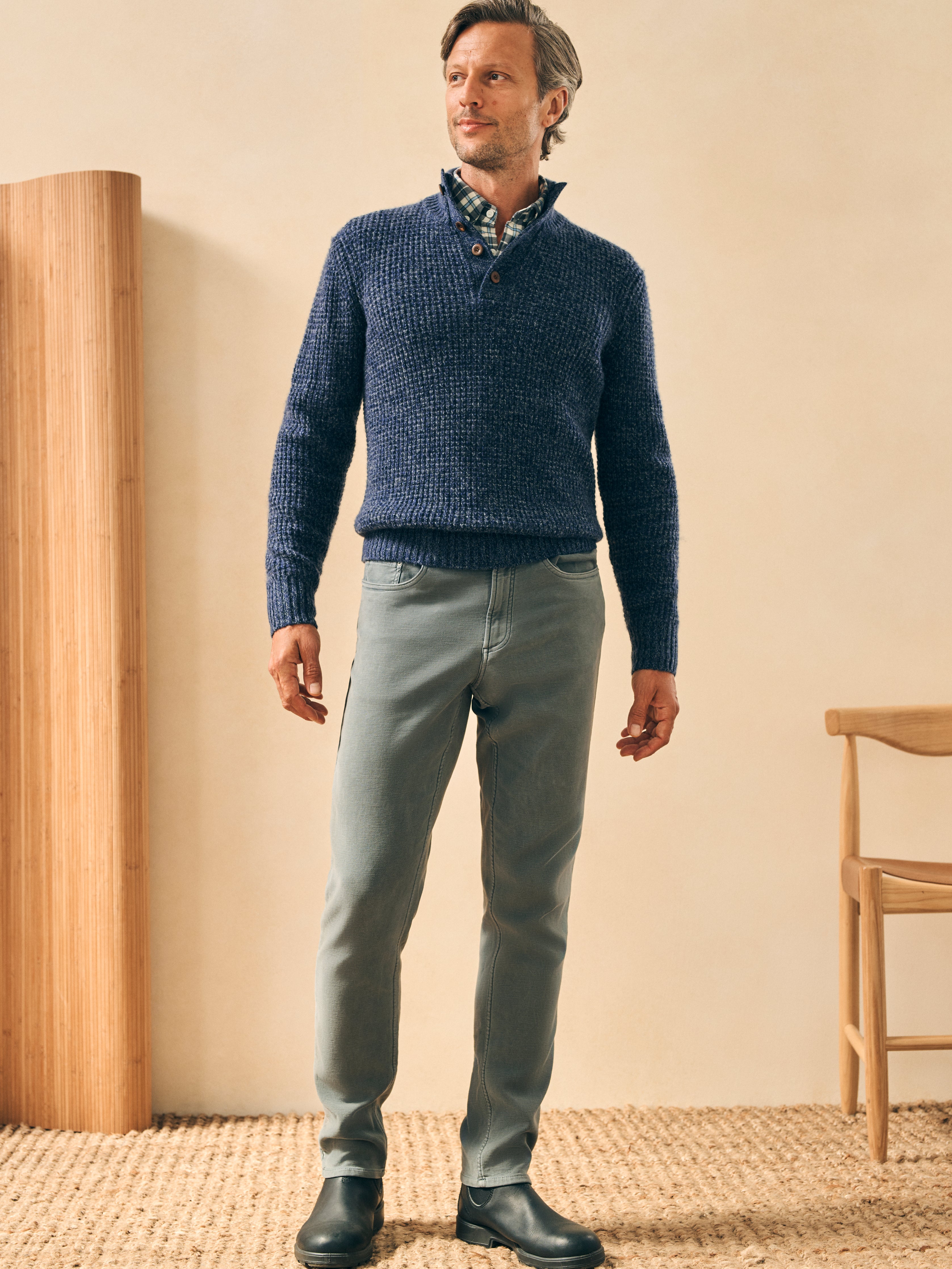 Cashmere Wool Quarter Button Sweater - Denim Melange