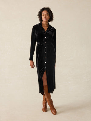 Stretch Silk Velvet Riley Midi Dress - Black