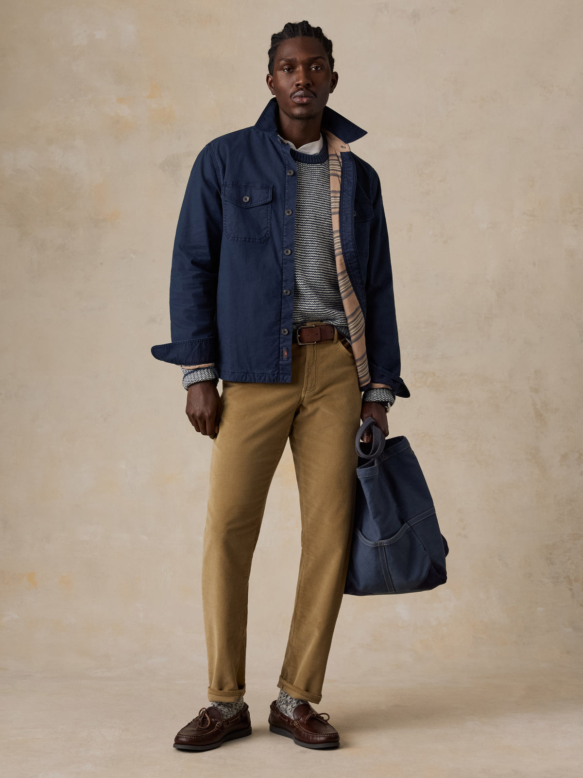 A man wearing a sweater, blue overshirt, and tan corduroy pants, image 1 of 5