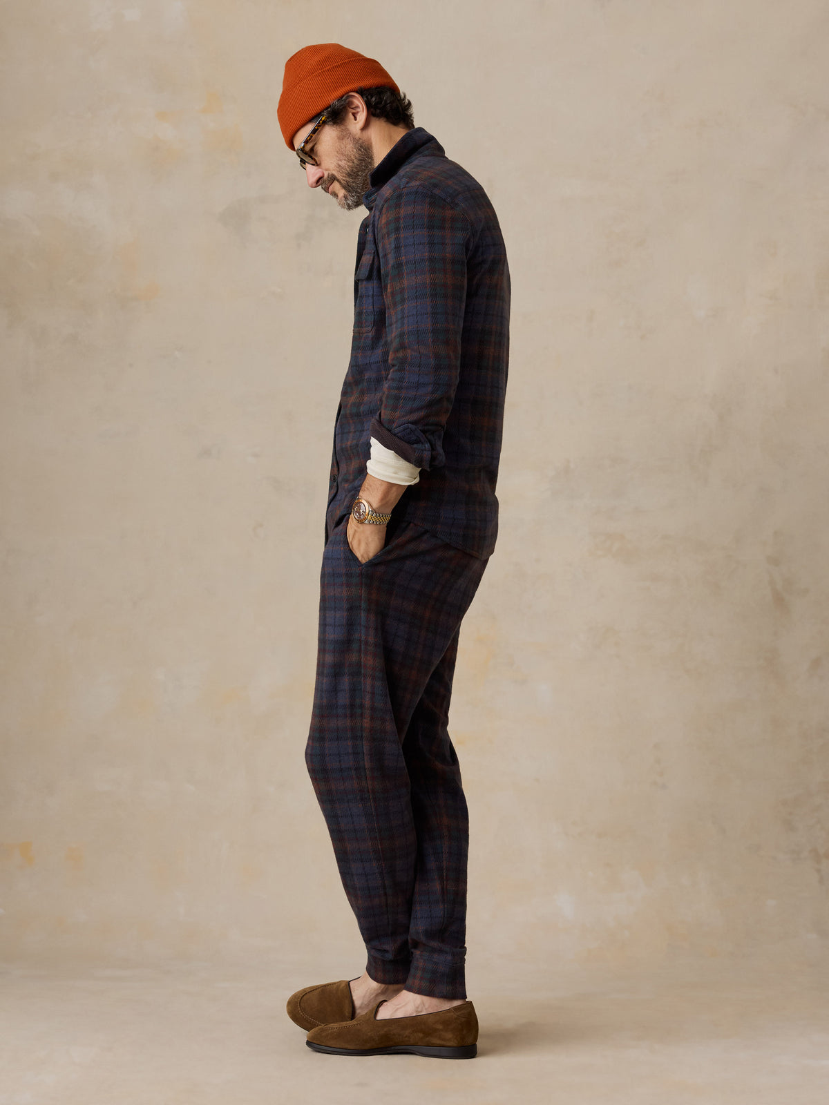 A man wearing a plaid lounge set, image 3 of 6