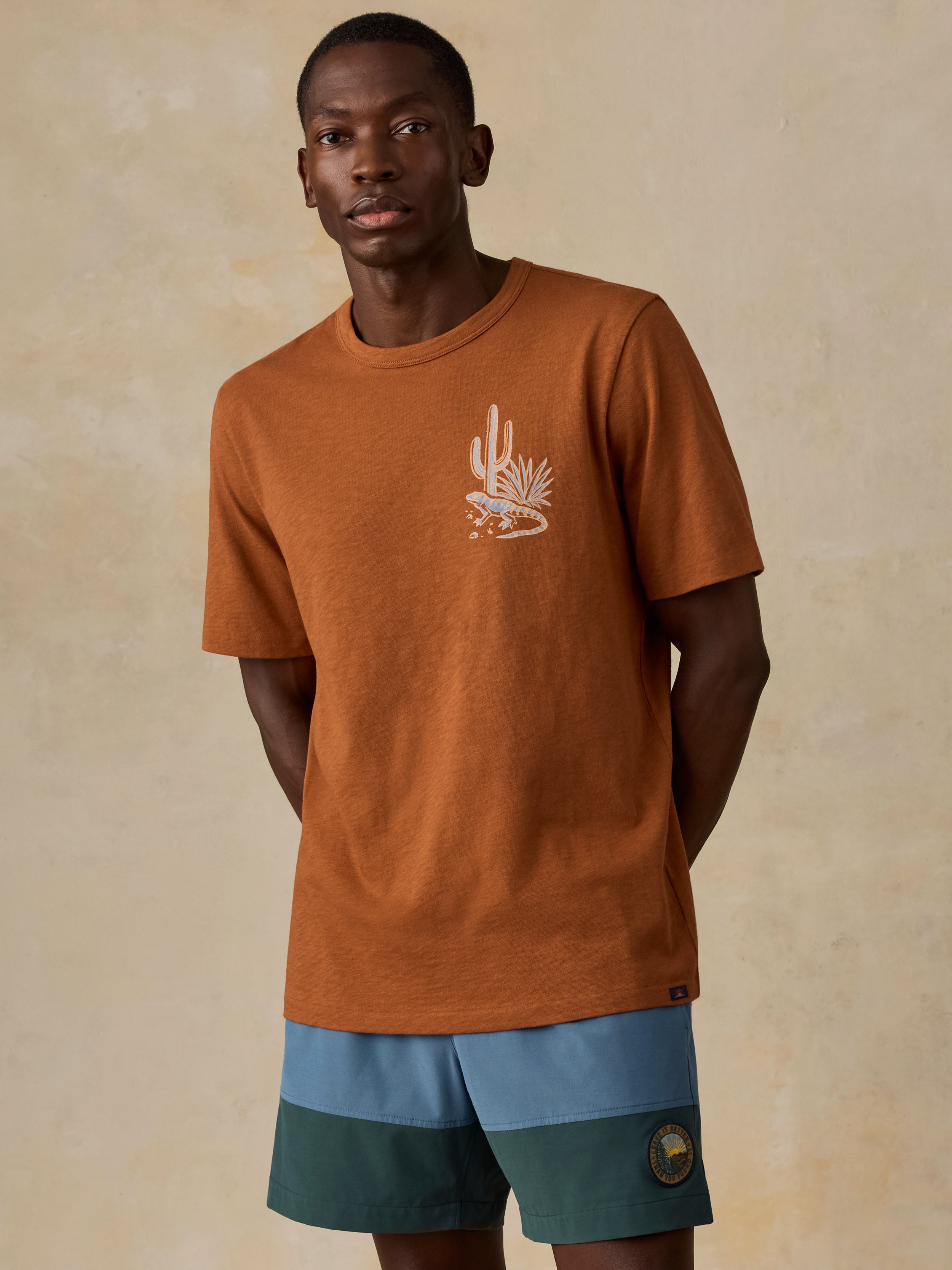A man wearing a heathered rust-orange crewneck t-shirt with a white desert cactus graphic on the left chest, paired with blue and green color-blocked shorts, standing against a textured beige studio backdrop.
