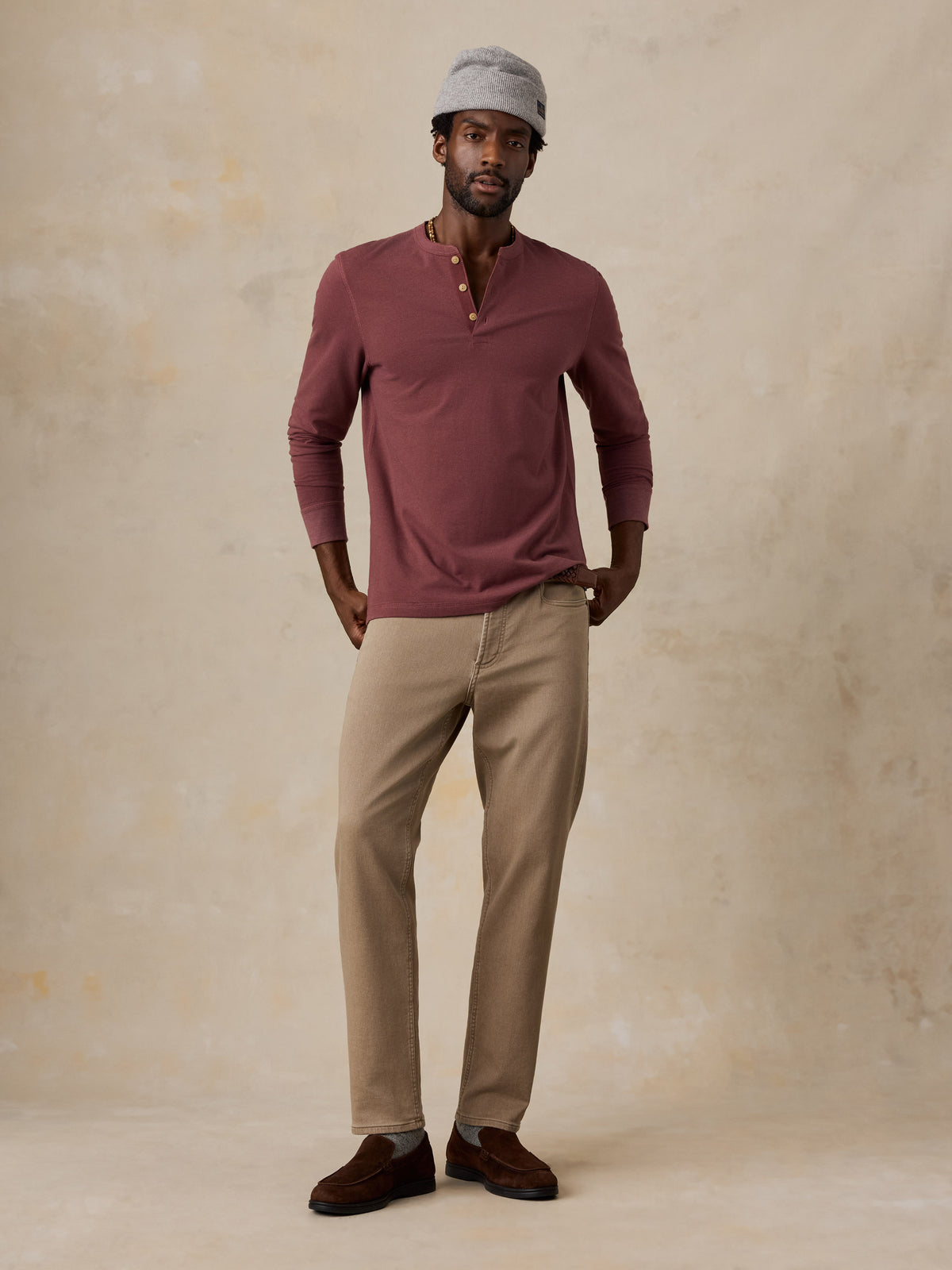 Long-Sleeve Waffle Henley - Autumn Mahogany, image 2 of 6
