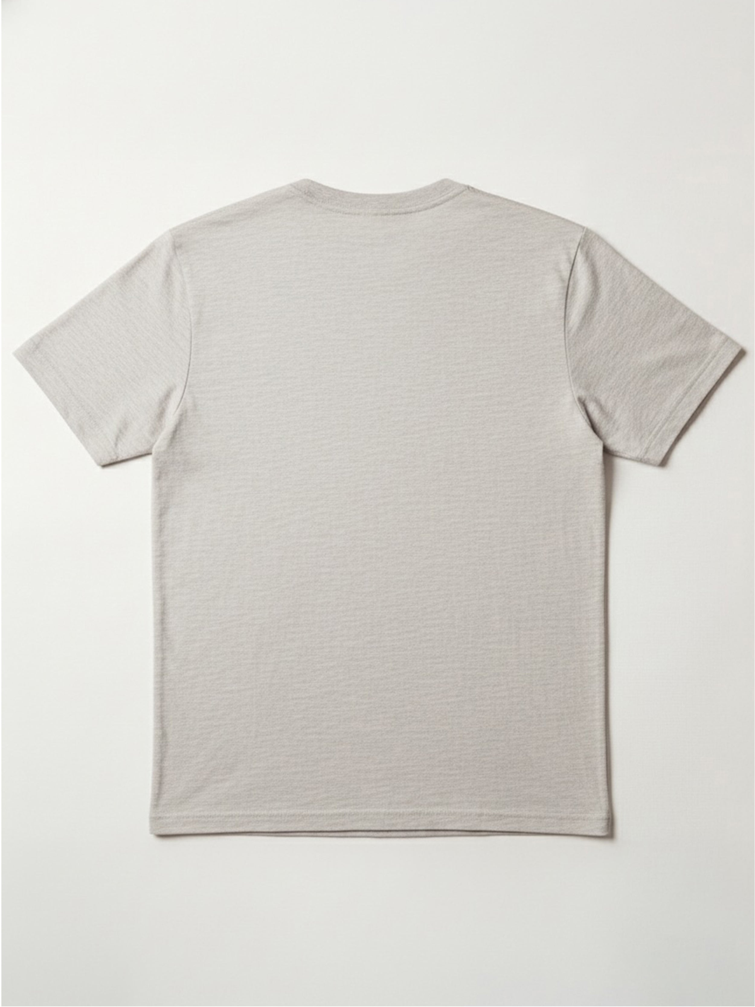 Back view of a heather grey t-shirt against a plain background