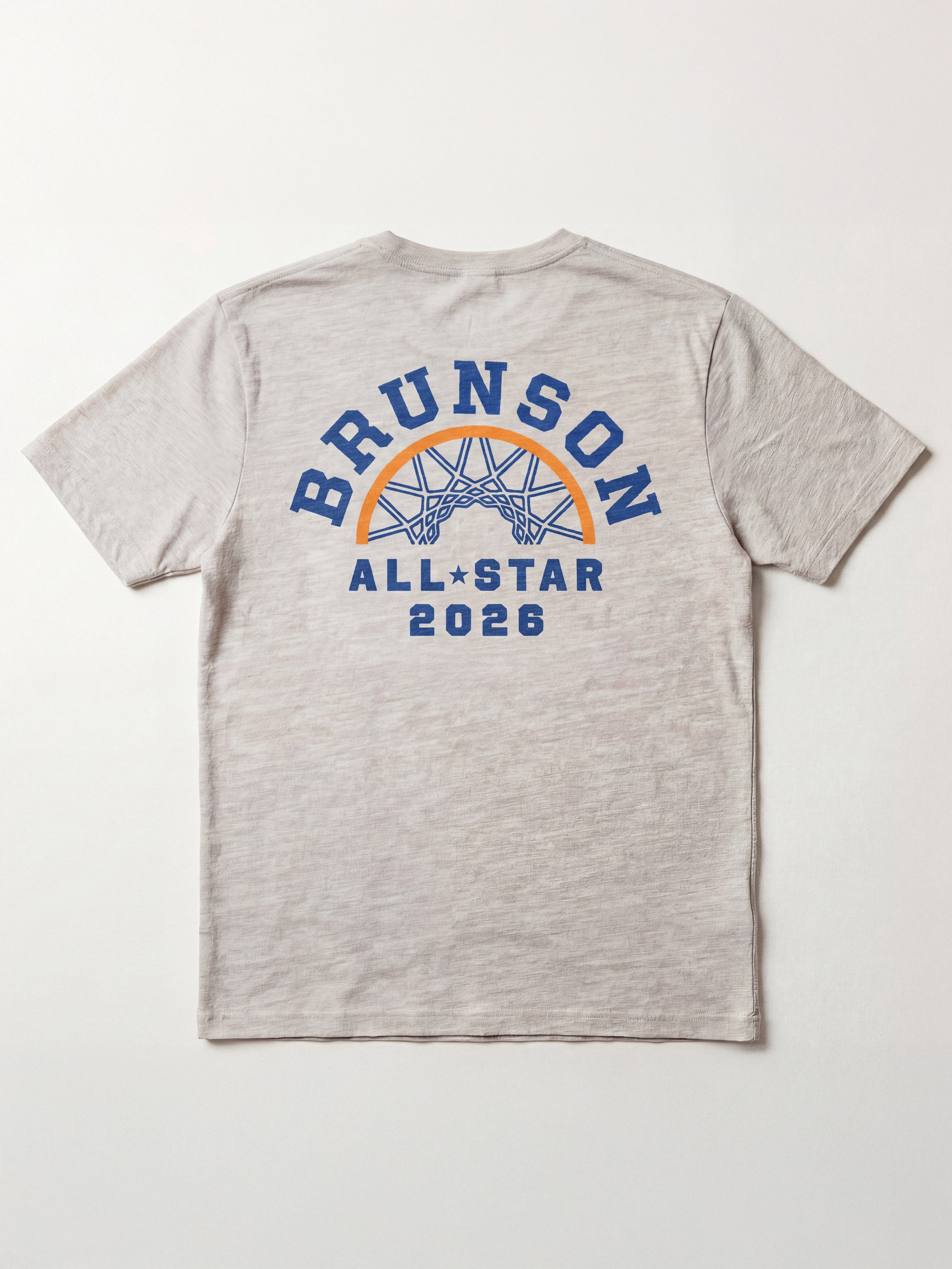 Gray t-shirt with 'Brunson All-Star 2026' print on a white background