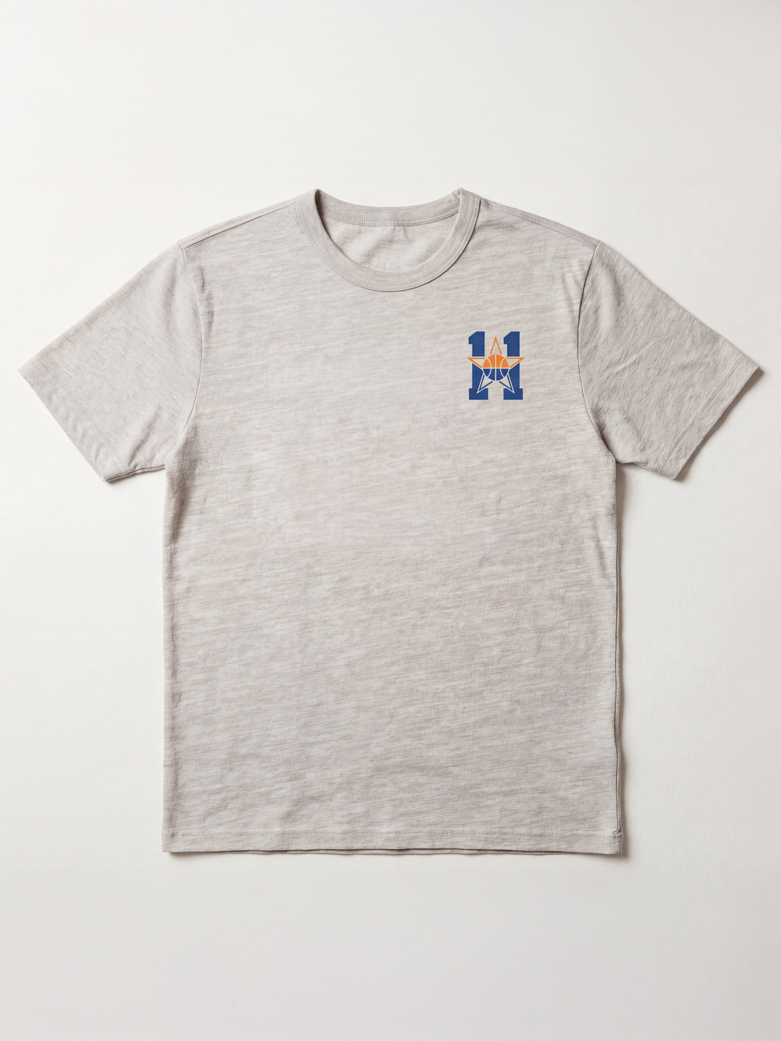 Gray t-shirt with a blue logo on a white background