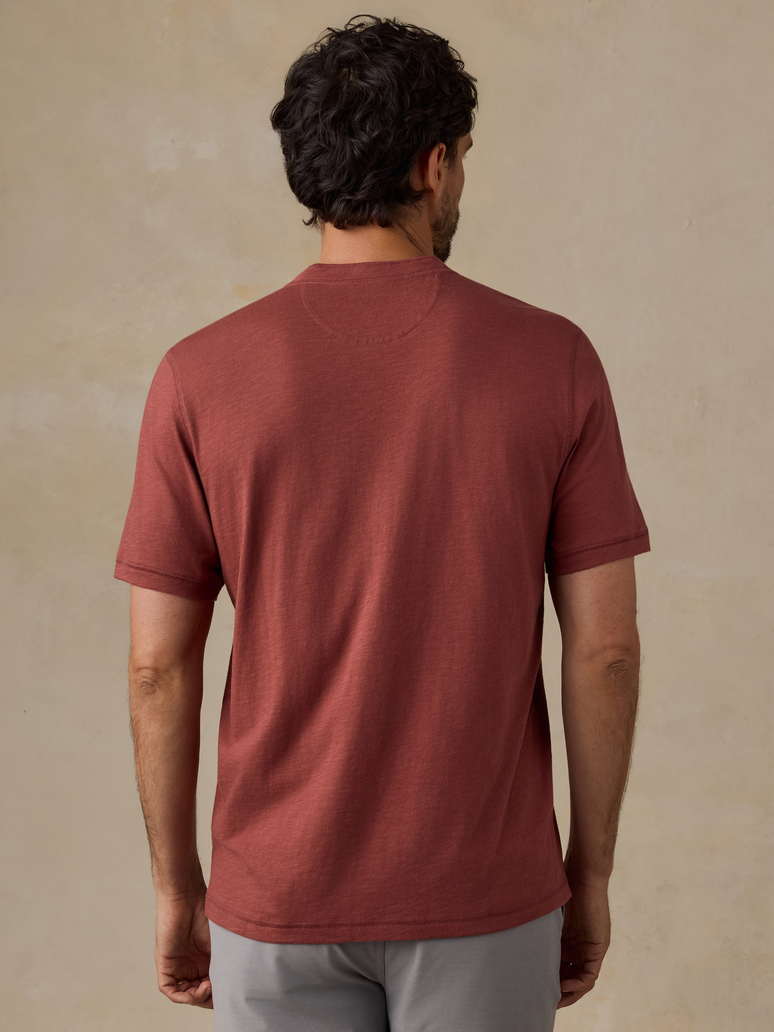 A man viewed from behind wearing a short-sleeve crew-neck t-shirt in a muted terracotta or rust color, paired with light gray shorts, against a textured beige studio background.