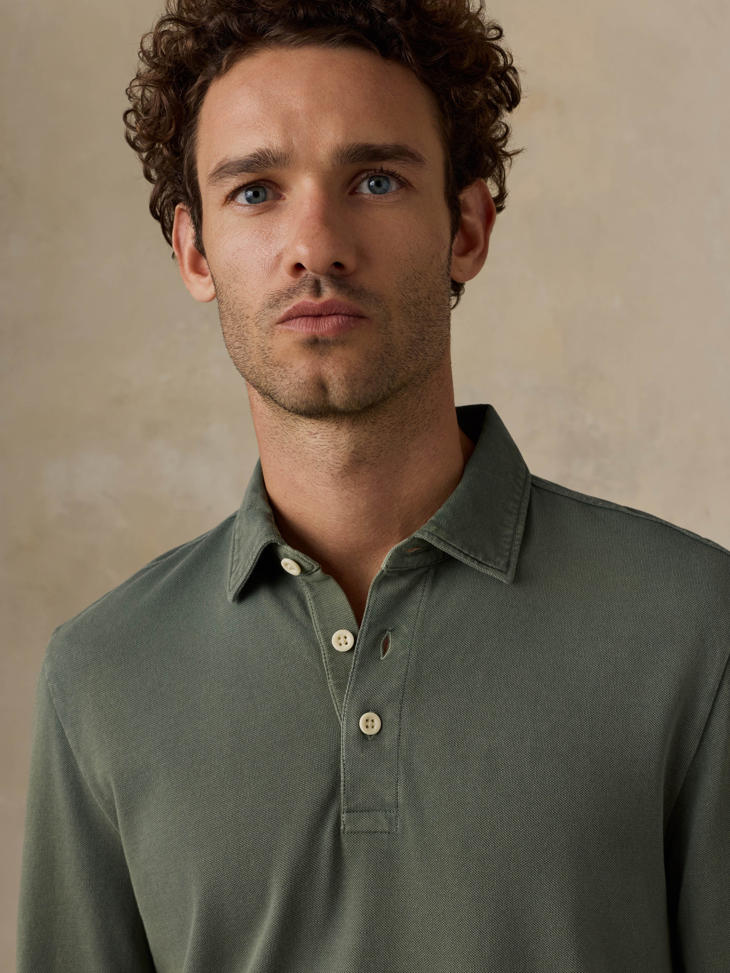 Long-Sleeve Sunwashed Pique Polo - Ridge Olive | Faherty Brand