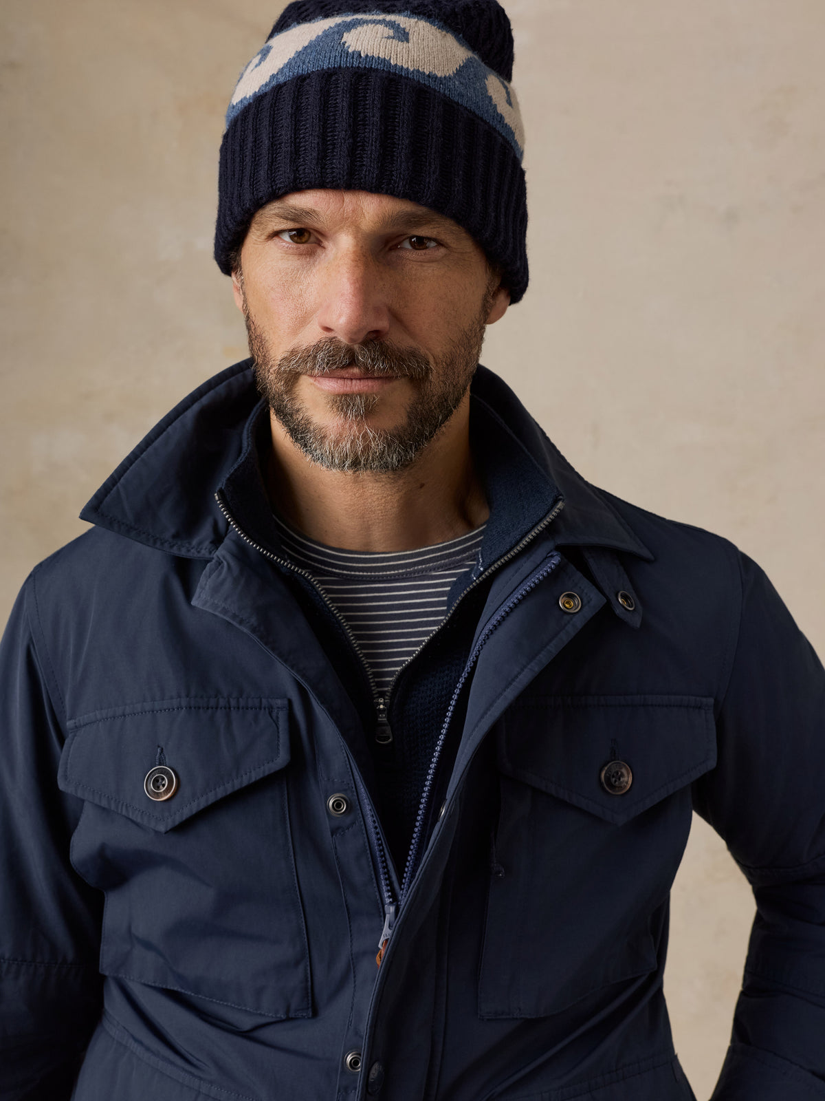 Close up of a man wearing. a blue jacket and blue beanie, image 3 of 5