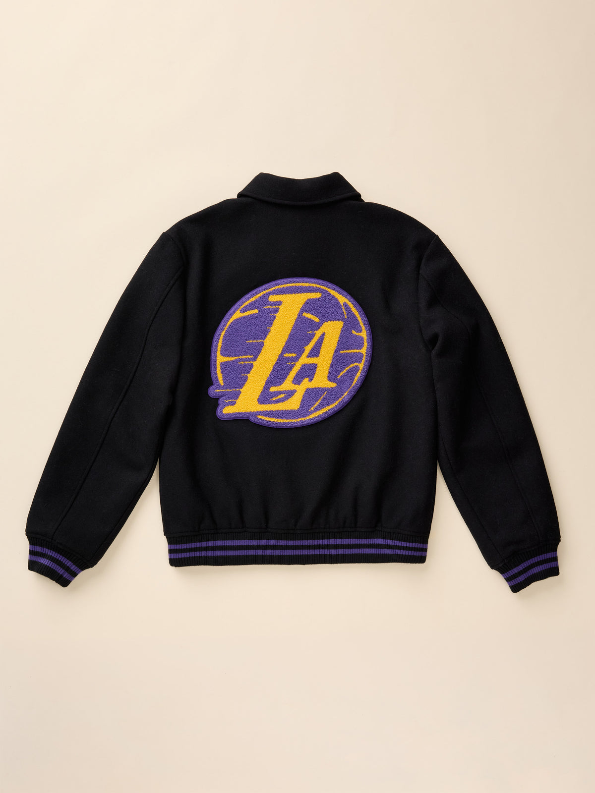 A black LA Lakers varsity jacket viewed from behind, image 8 of 8