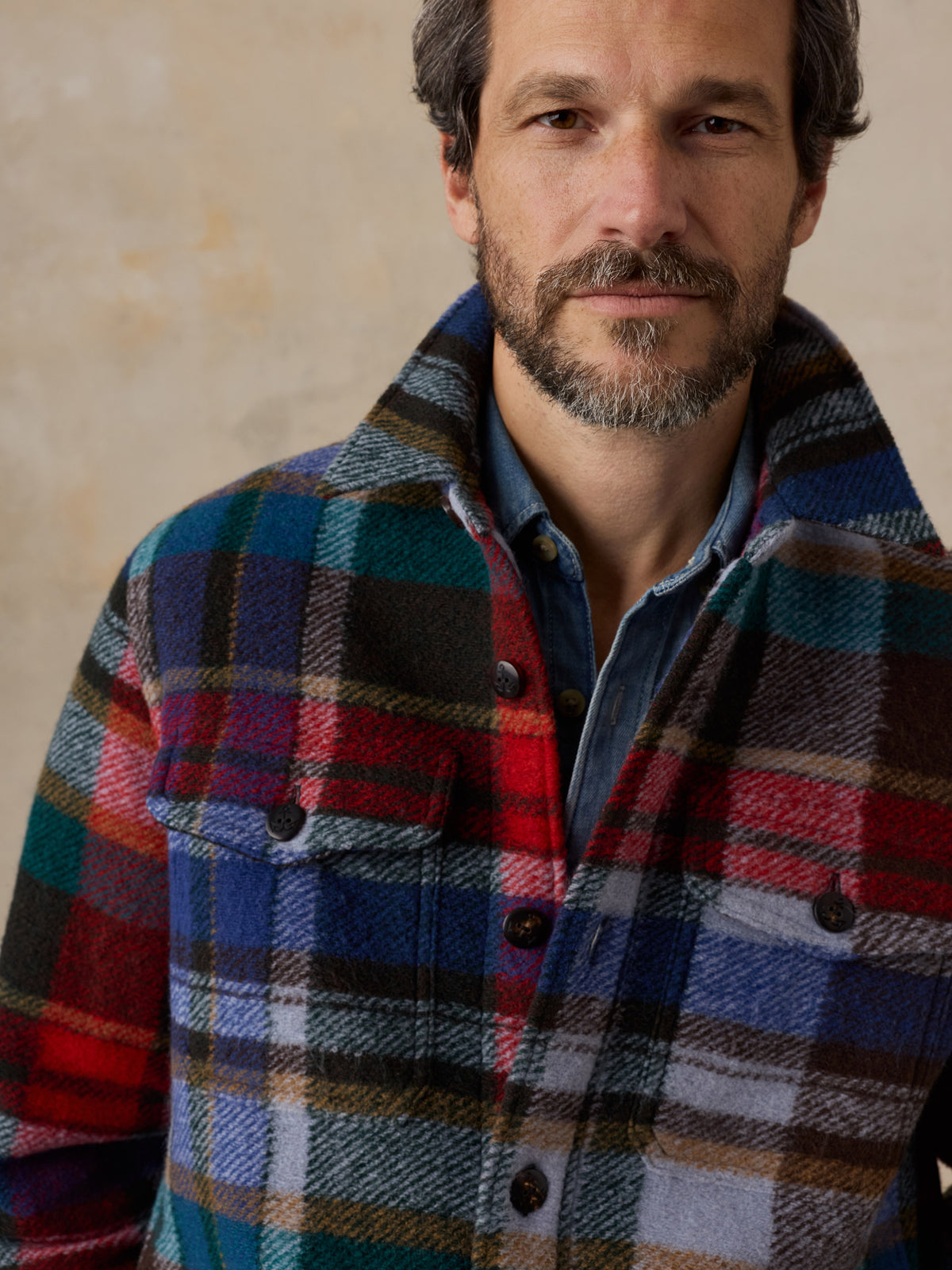 Close up of a man wearing a multicolored plaid jacket , image 3 of 6