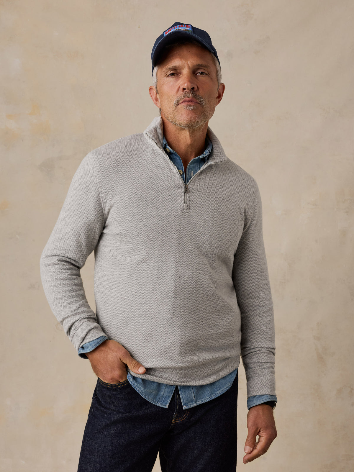 A man wearing a grey quarter zip, image 2 of 6