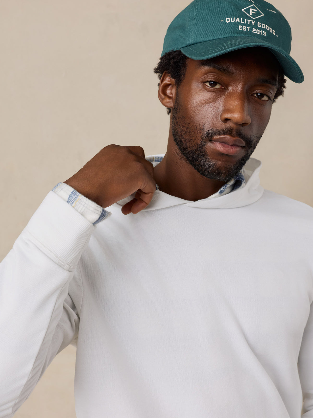 Close up of a man wearing a white hoodie , image 3 of 6