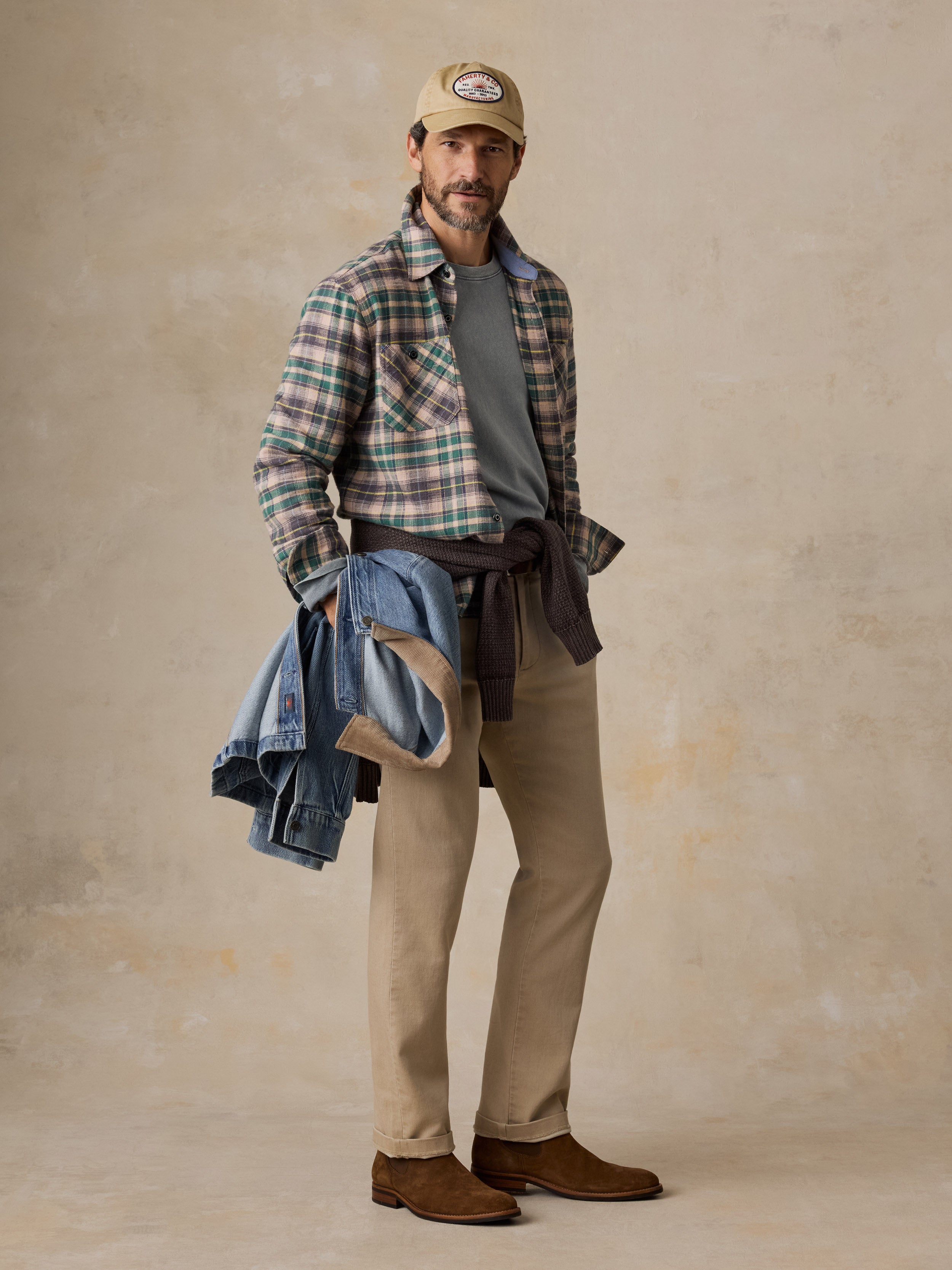 A man wearing a green flannel over a green shirt with beige pants and a hat