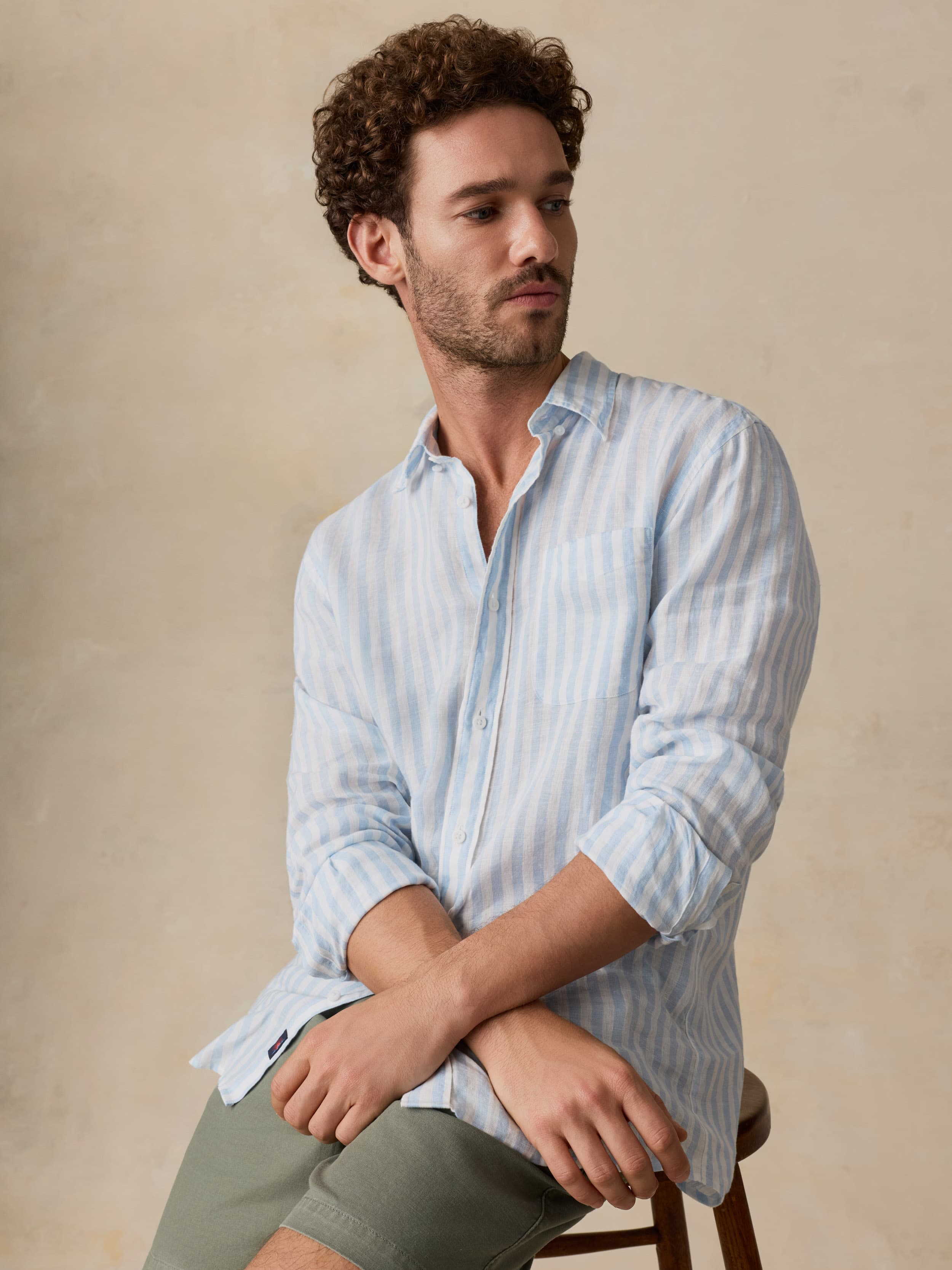 Faherty Men's Sunwashed Linen Shirt - Blue Island Stripe, Size XL Faherty Men's Sunwashed Linen Shirt - Blue Island Stripe, Size XL