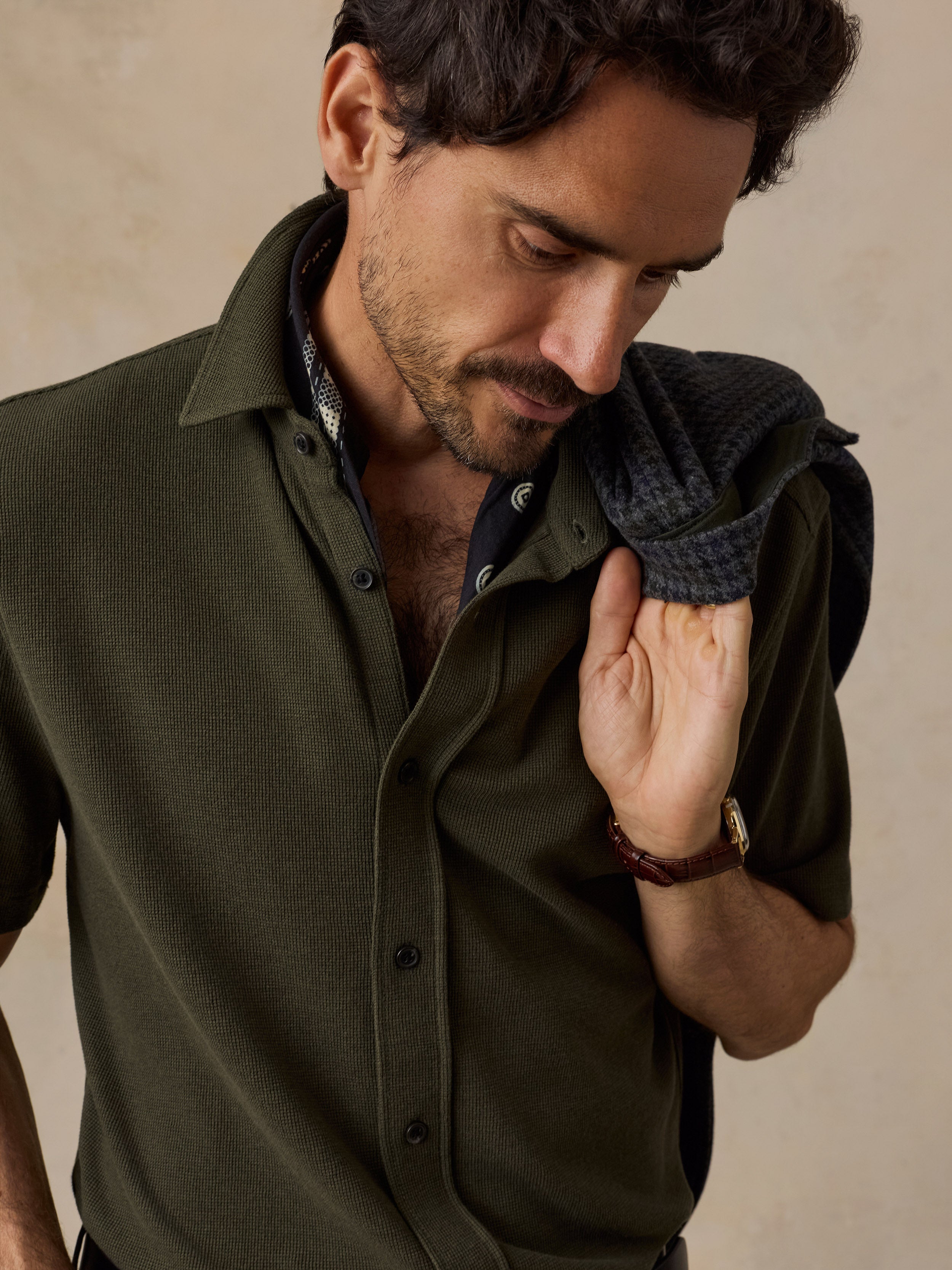 Short-Sleeve Waffle Knit Shirt - Forest Olive