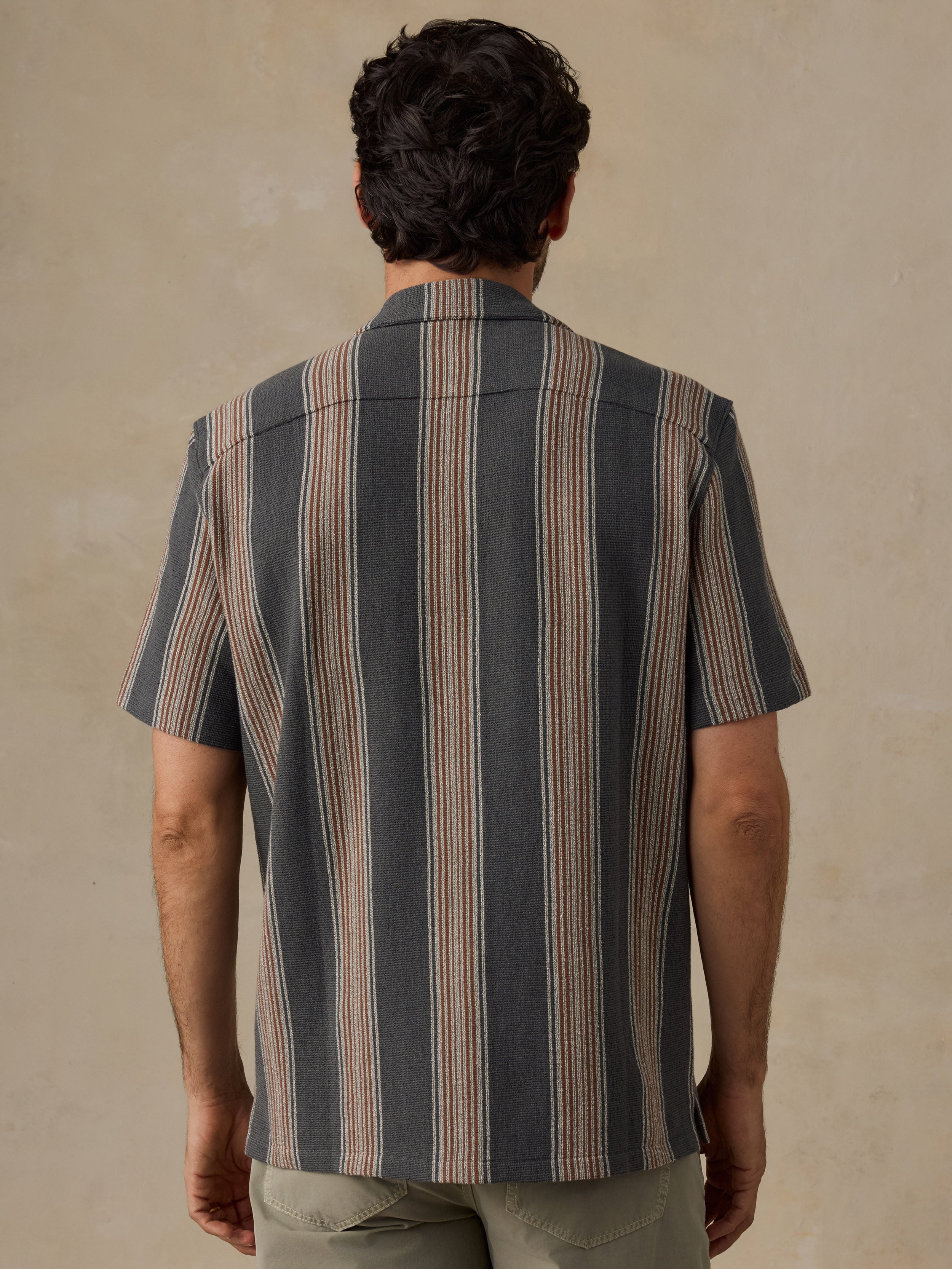 A man viewed from behind wearing a short-sleeve button-up shirt with vertical stripes in slate blue, beige, and brown, paired with khaki pants, set against a textured beige background.