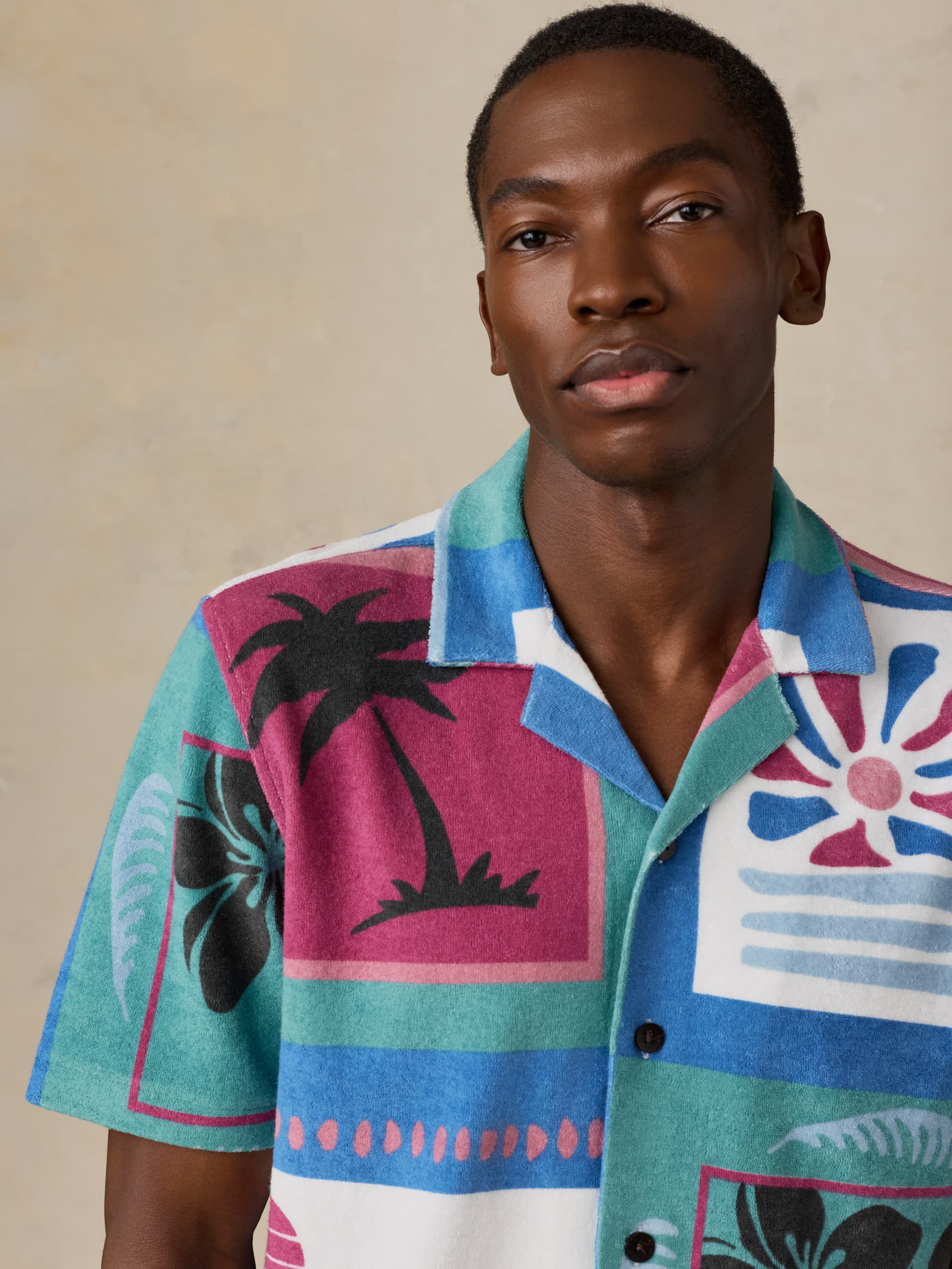 Short-Sleeve Cabana Towel Terry Shirt - Summer Waves Tile
