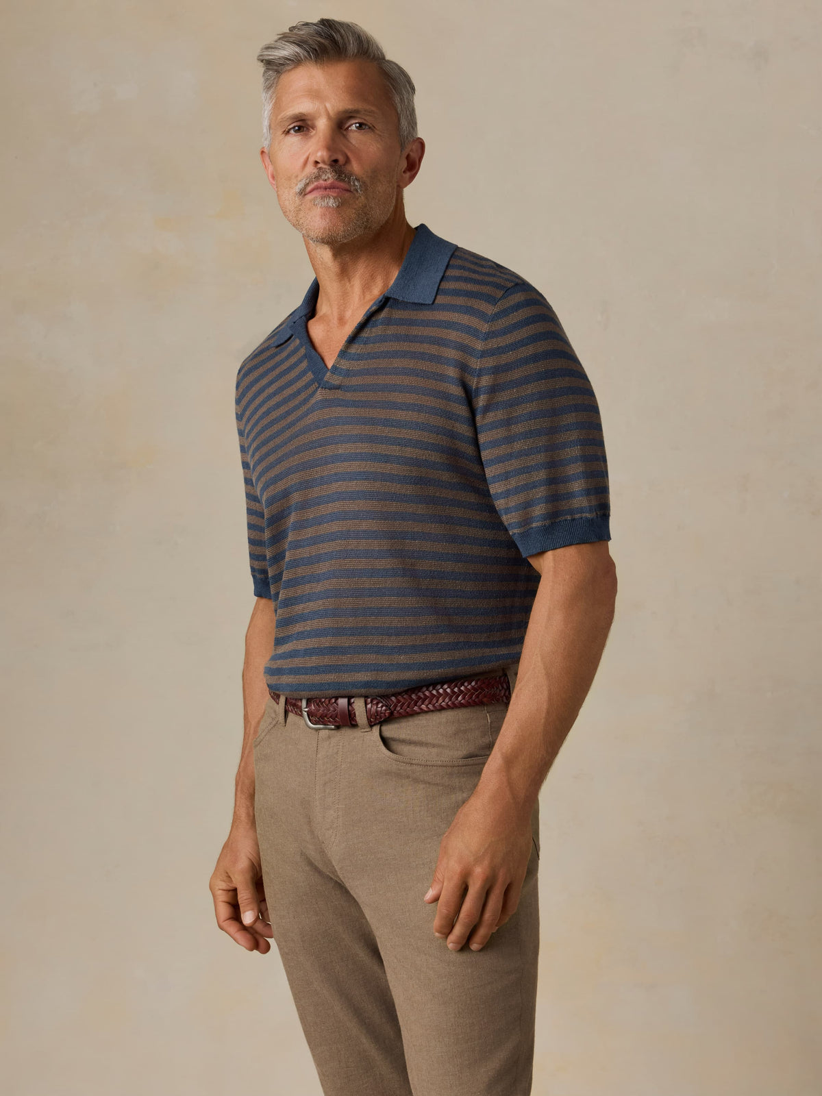 Short-Sleeve Linen Sweater Polo - Navy Cedar Stripe | Faherty Brand